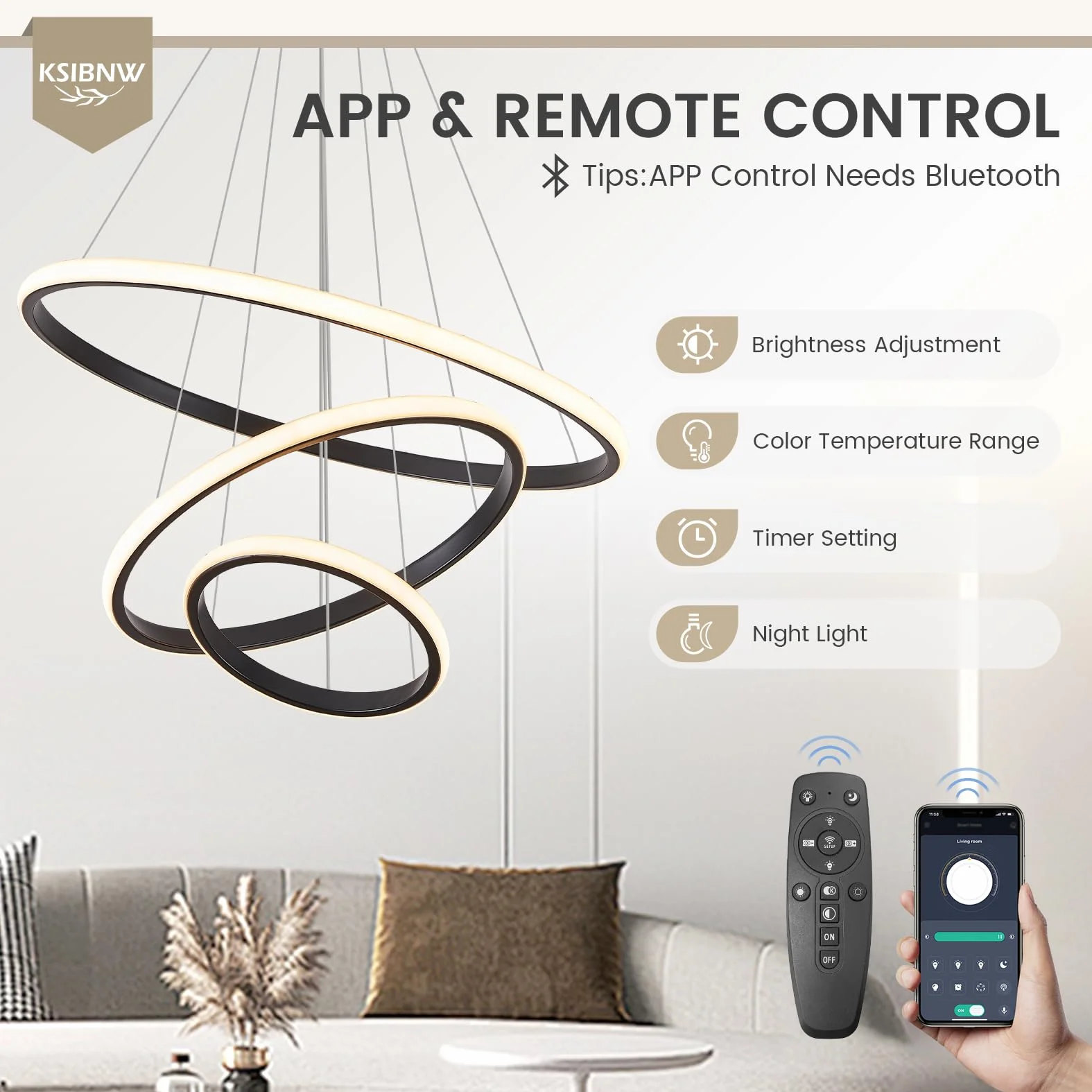 KSIBNW Lampadario Camera A Sospensione LED, Moderna Lampadario Soggiorno Dimmerabili 2700K-6500K Lampada A Sospensione con Telecomando & Controllo APP 3 Squillare Bianco Appendere Luci Regolabile
