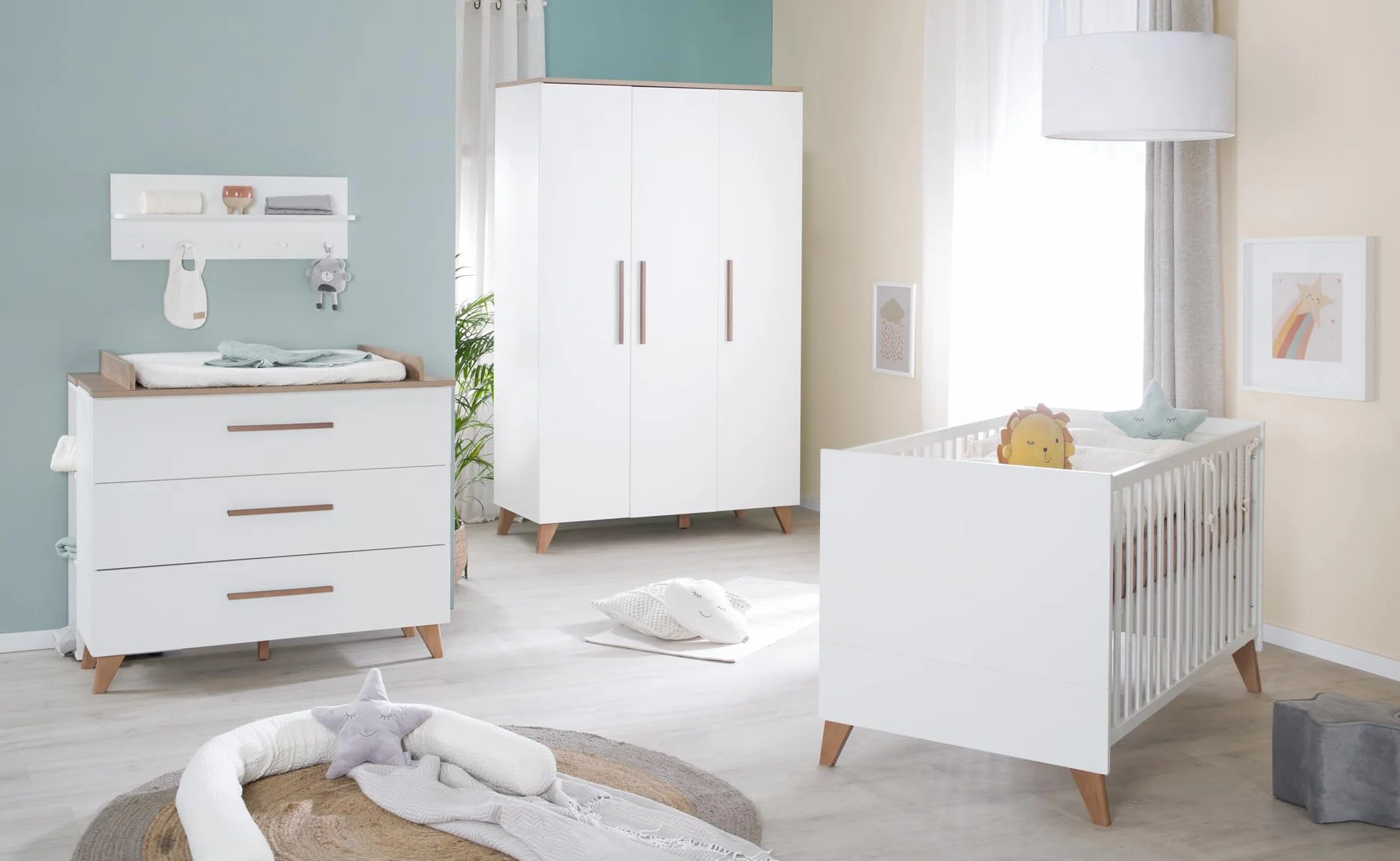 roba Set per cameretta bambini 3 pezzi Lettino 70x140 cm convertibile fasciatoio 3 cassetti armadio bambini Maniglie piedi legno massello Bianco rovere scuro