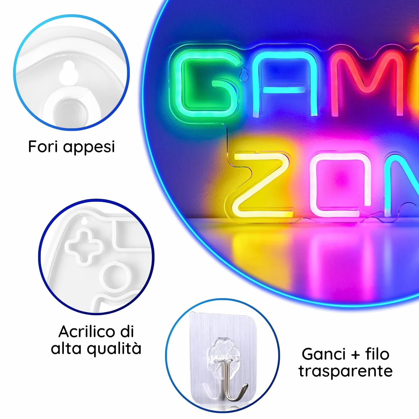 Luci Neon LED Gaming Zone Lampada Neon Parete Gamer, Insegna Luminosa LED Camera Decorazioni Gaming Room Muro, Scritta Neon, Luce Insigne Luminose. Connettore USB con Dimmer