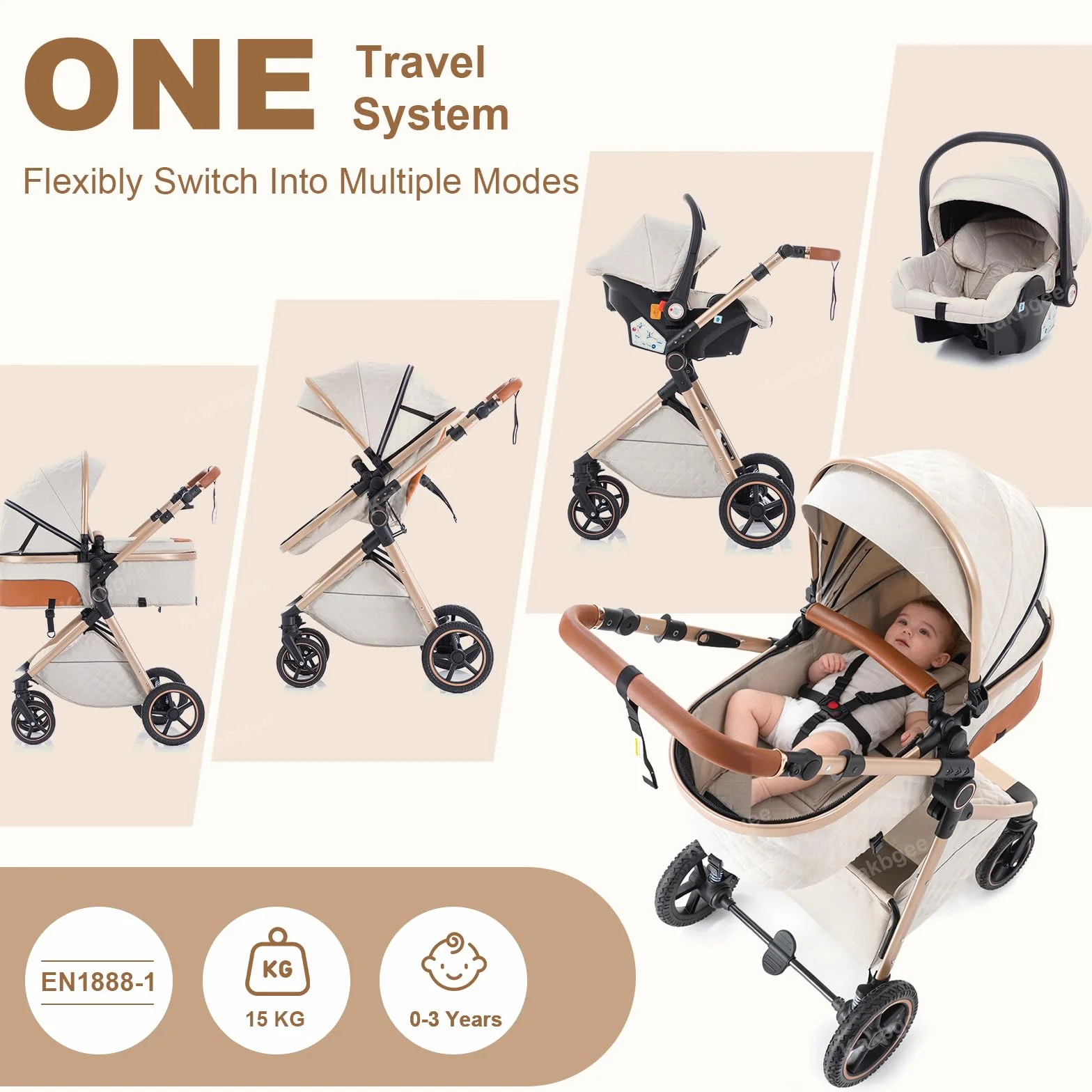 Passeggino 3 in 1 con Seggiolino Auto, Carrozzina Pieghevole, 7 Altezze Regolabili, Sospensione 4 Ruote, Nero