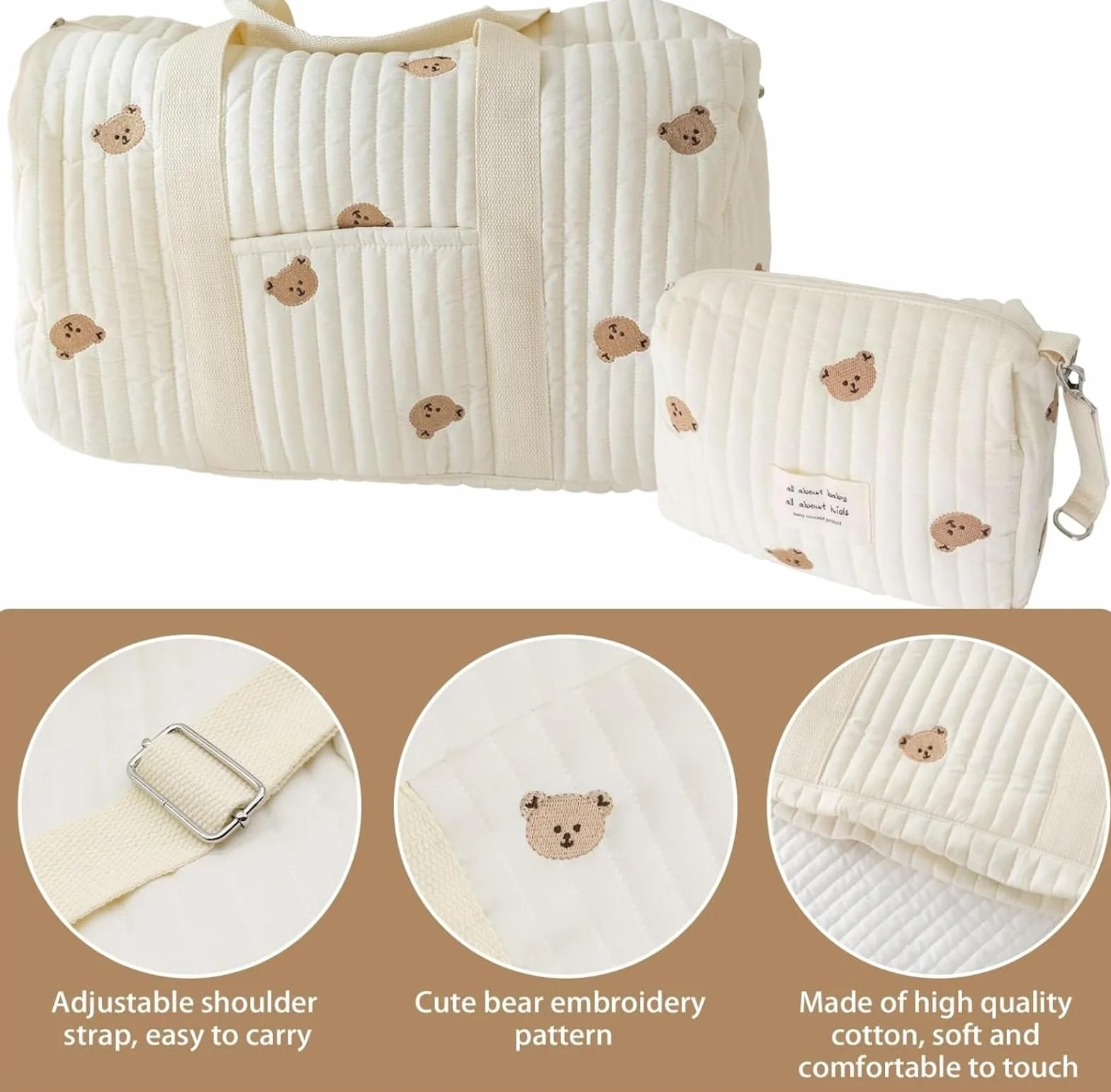 Borsa Parto Ospedale Mamma Grande, Borsa Passeggino Set da 2 Pezzi, Mommy Bag in Cotone con Ricamo