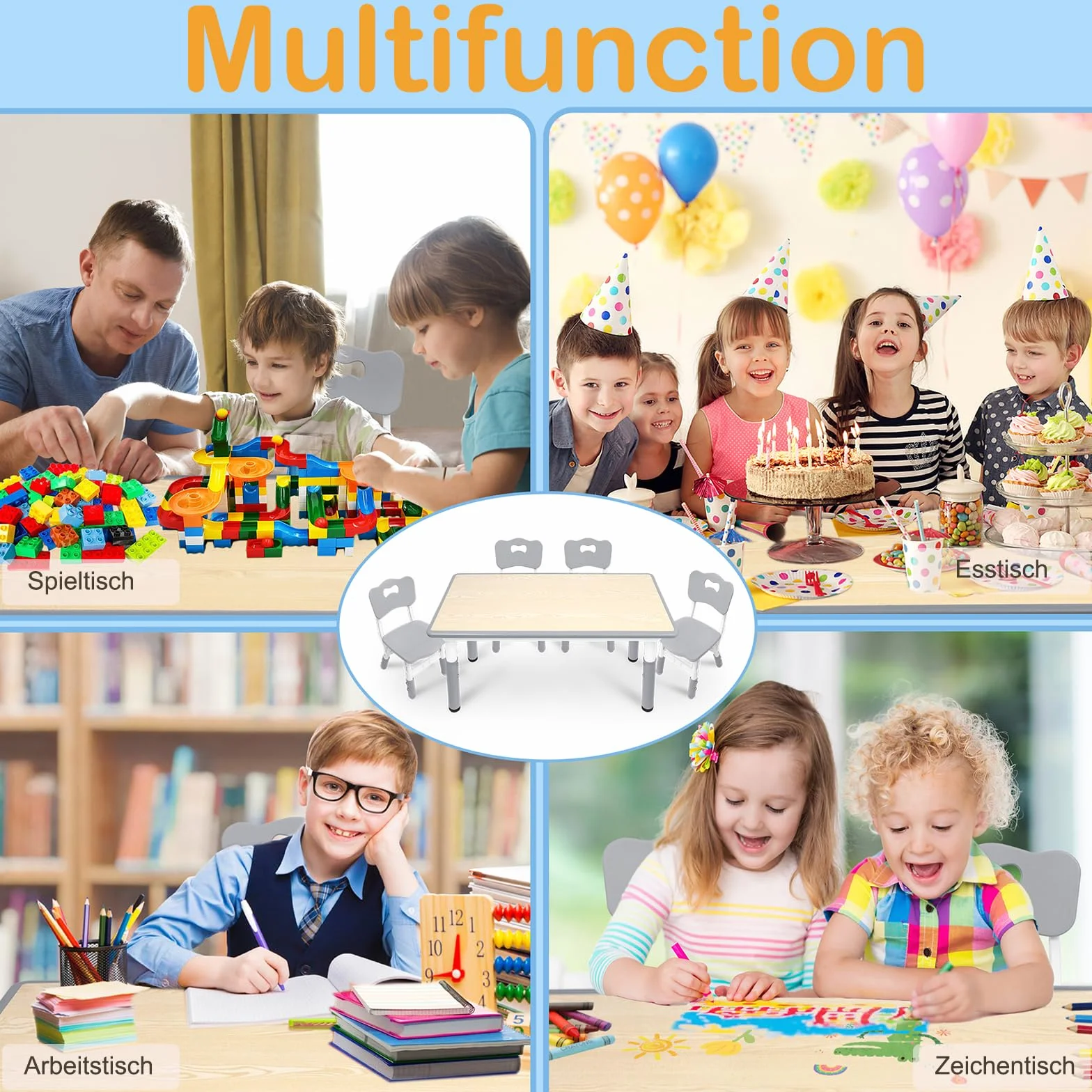 Aufun Tavolo per bambini con set di 4 sedie, dinette regolabile in altezza