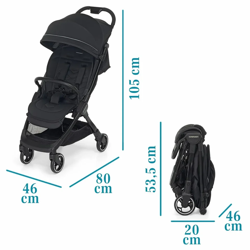 Foppapedretti Passeggino Leggero Ciao, 0-22 kg, Chiusura 1 mano, Self-Standing, Schienabile Regolabile, Ruote Ammortizzate, Telaio Alluminio, Nero