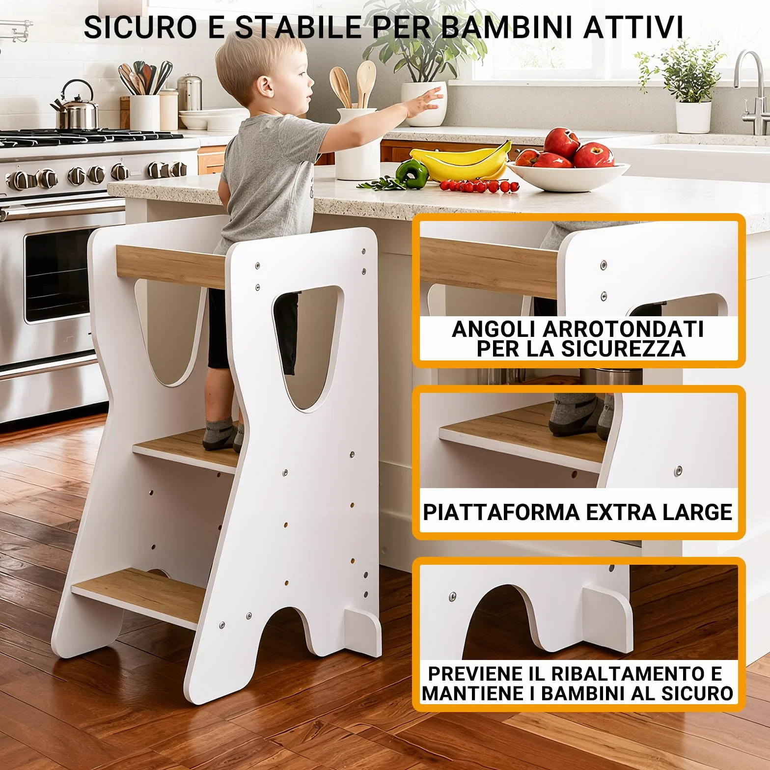 COSYLAND Torre Montessoriana Bambini Legno Naturale 3 Altezze Regolabili Bianco e Naturale