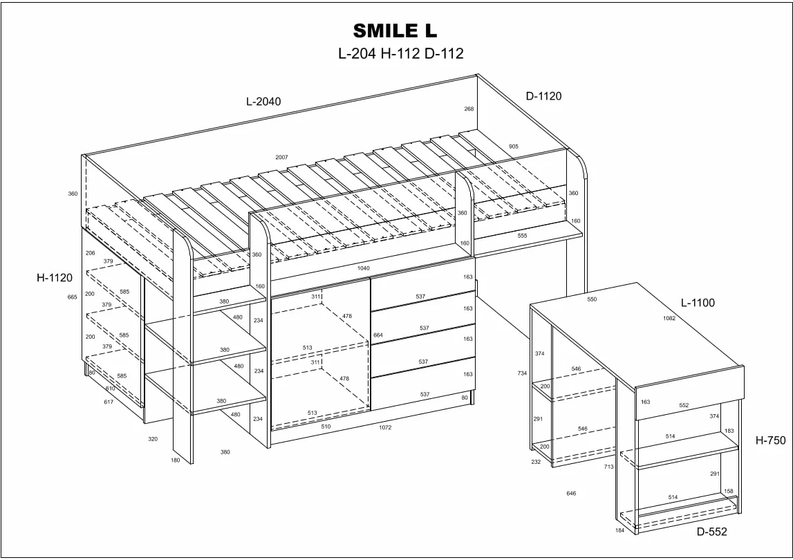 Letto rialzato Smile L per bambini rovere artigianale crema con scrivania mensole cassetti
