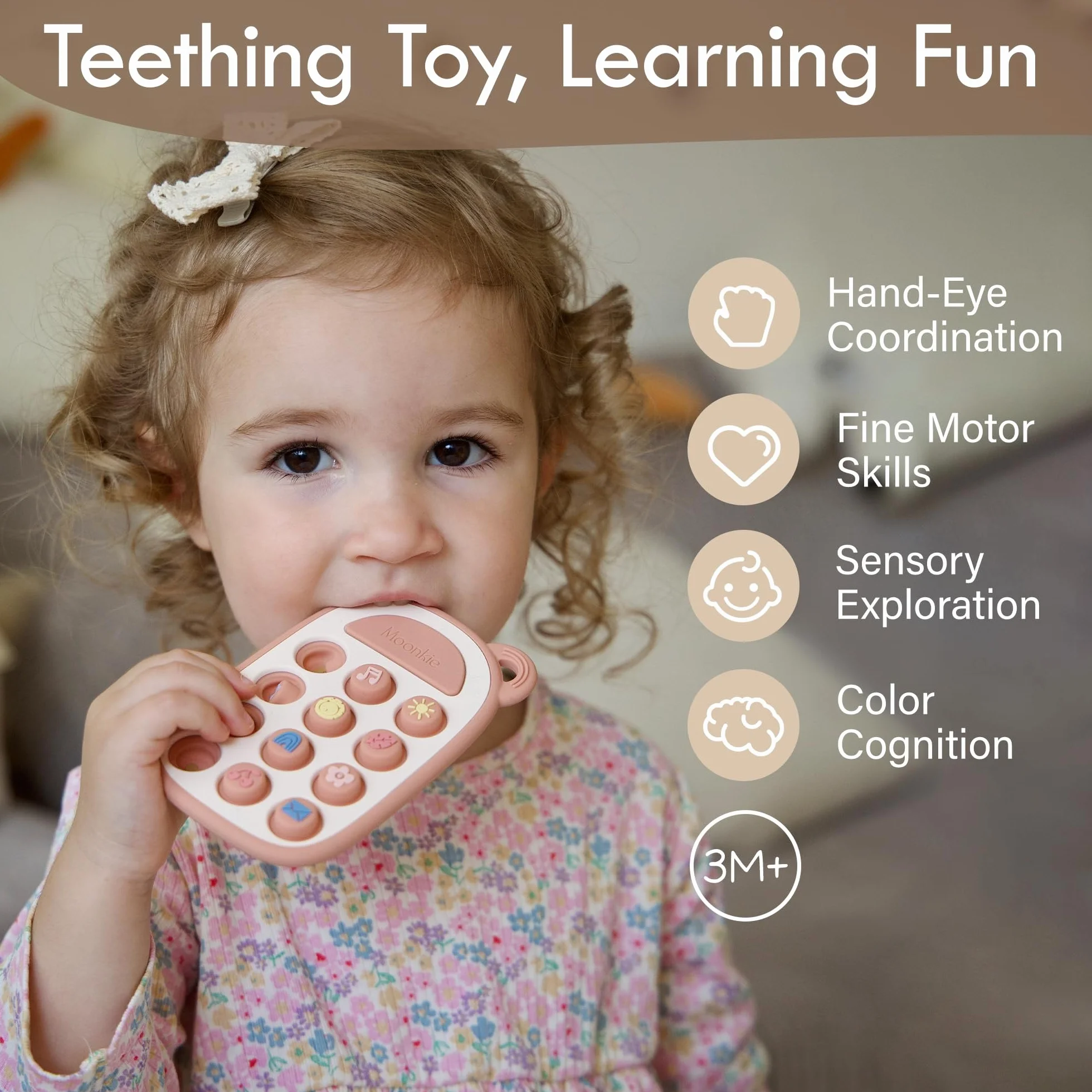 Moonkie Giochi Dentizione Neonato, Telefono in Silicone per 3 Mesi+, Senza BPA, Giochi Montessori, Blush