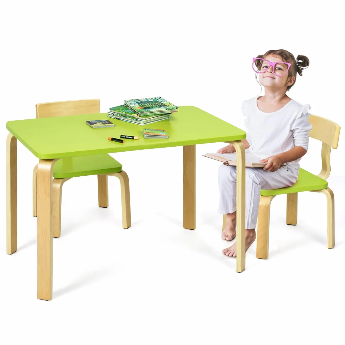RELAX4LIFE Set Tavolo e 2 Sedie Bambini 3-12 Anni Legno Stabile Sicuro Design Ergonomico Multifunzione Giocare Mangiare Casa Asilo Verde