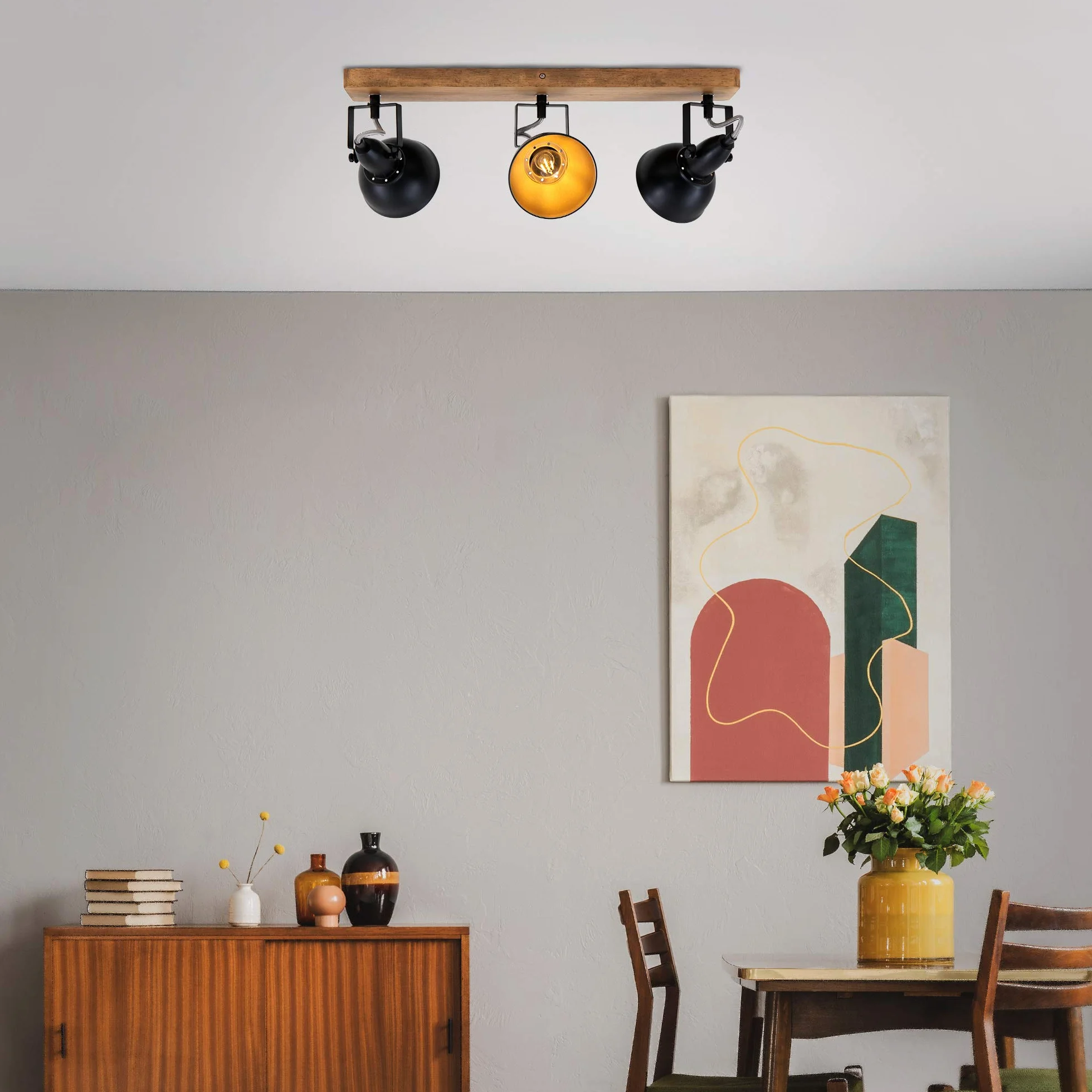 BRILONER Leuchten Faretto, Lampada da Parete retrò, Vintage, Girevole e inclinabile, 3X E14, Metallo-Legno, Nero-Oro, 500x110x157mm (LxPxH)