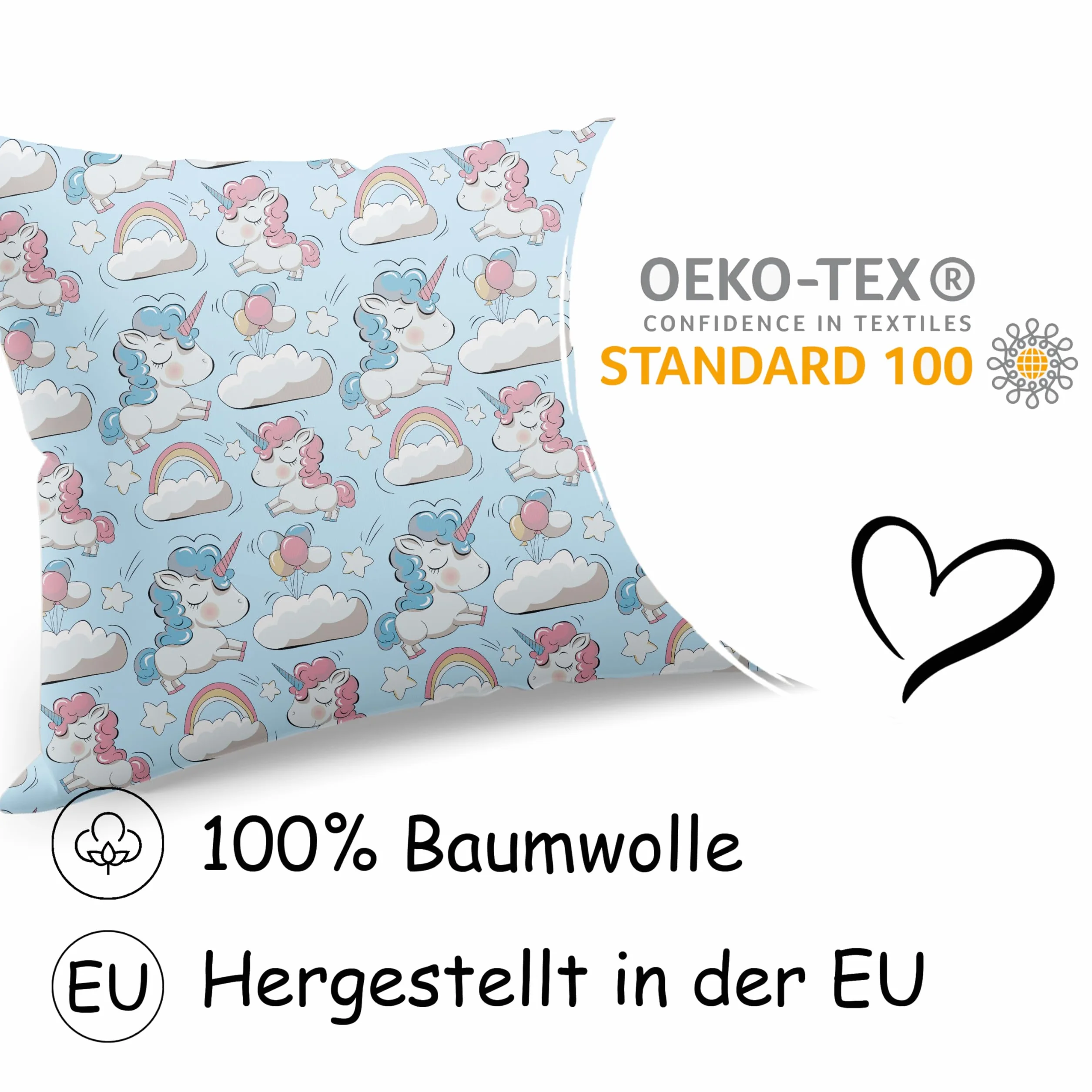 PinkZebra Federa per cuscino bambini 20x30 cm 100% cotone Ecotex Standard 100 chiusura lampo unicorno menta