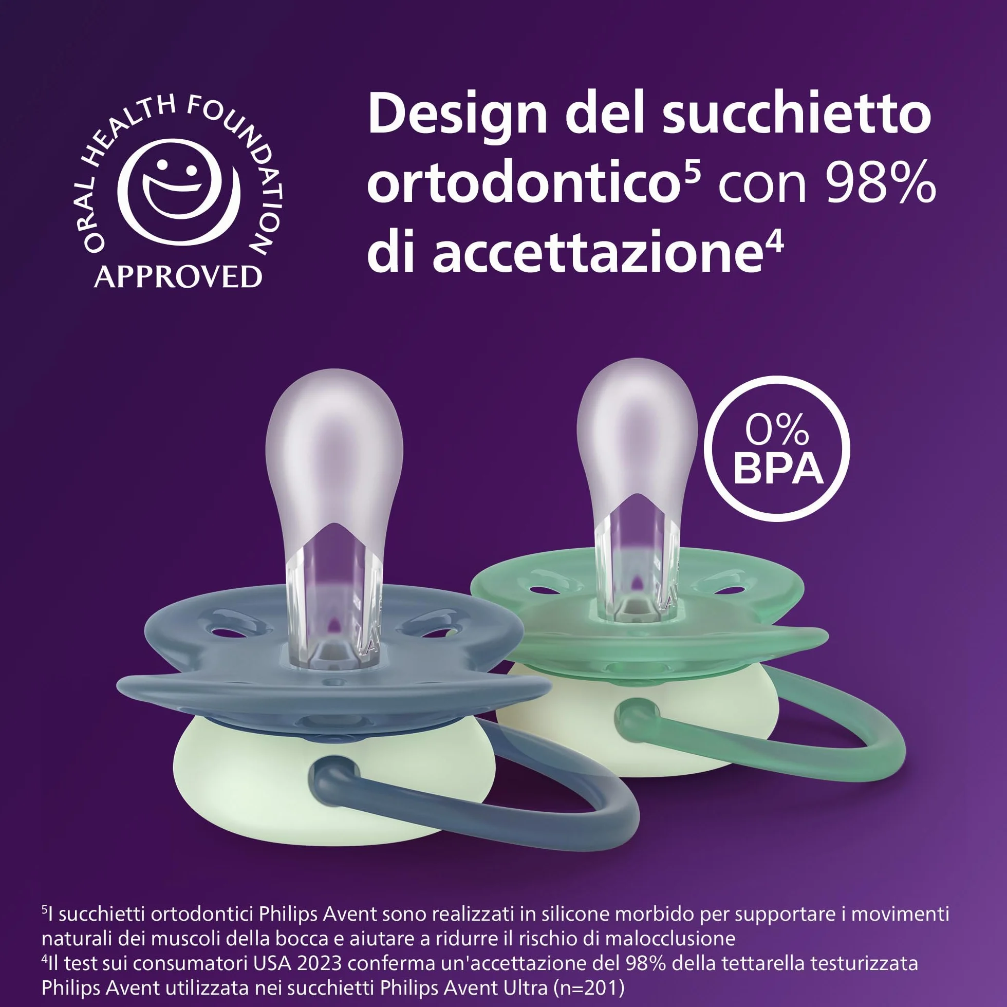 Philips Avent Ciucci Ultra Soft Nighttime Design ortodontico 6-18 mesi illuminano al buio silicone no BPA 4 pezzi