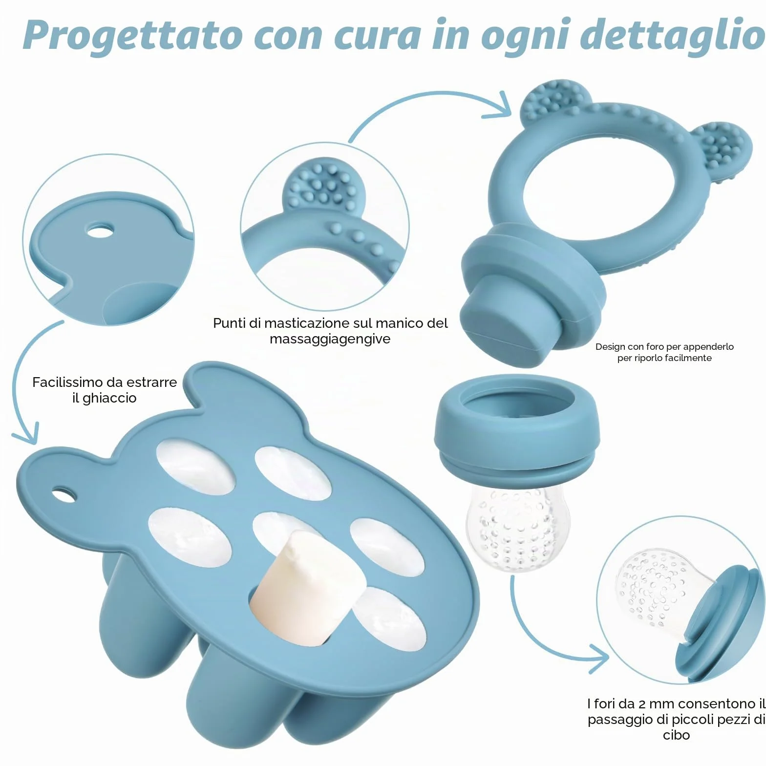 Ciuccio Per Alimenti Aolso, Ciuccio Per Frutta Alimentatore, Allevia Dolore Gengive, Vassoi Congelatore (Blu)