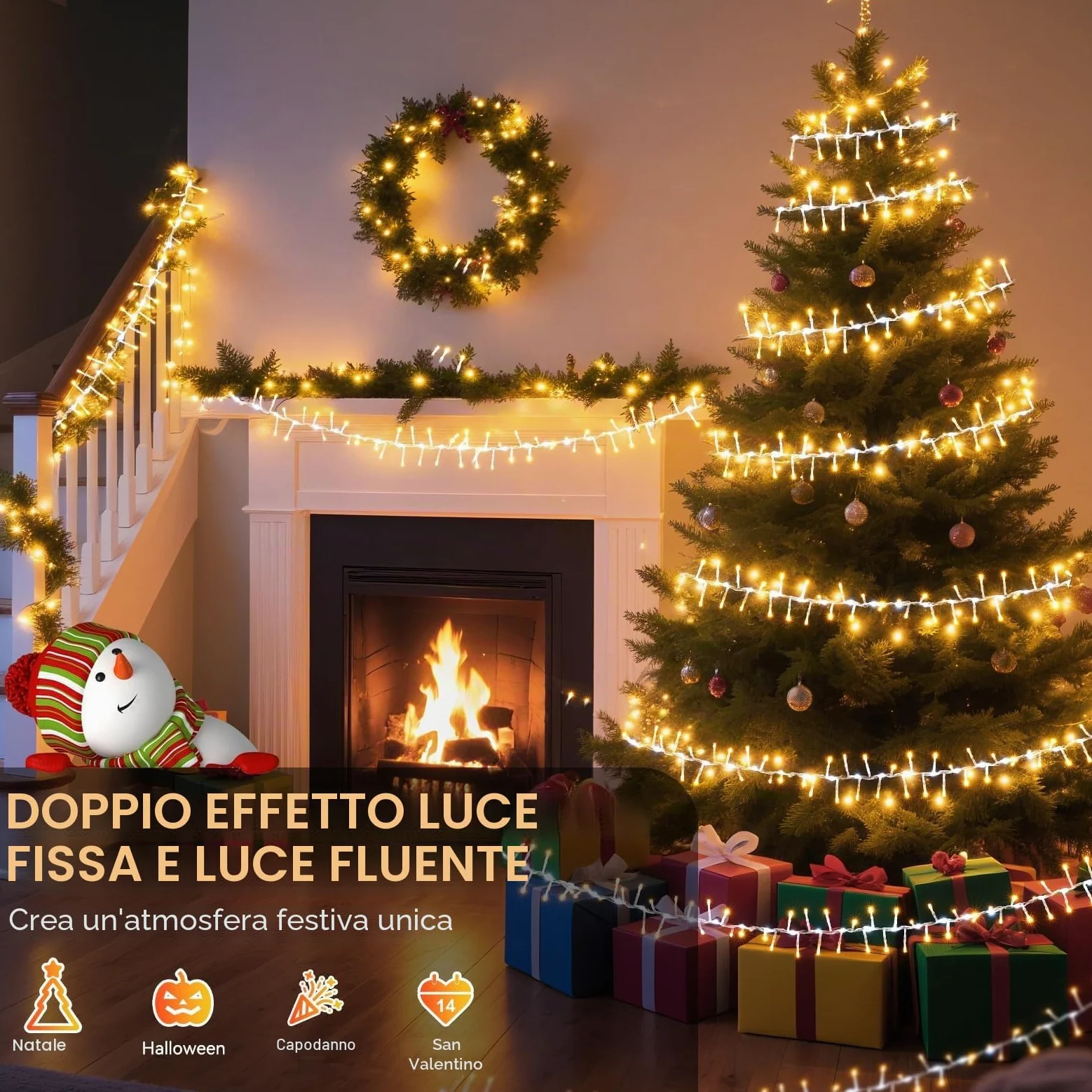 Globalink Luci Albero Natale 500LEDs, Catena Luminosa 10M Esterno IP44 Impermeabile,9 Modalità Dinamici,Funzione Memoria, Calda Decorazione Natalizia per Casa Interno Giardino-Bianco caldo