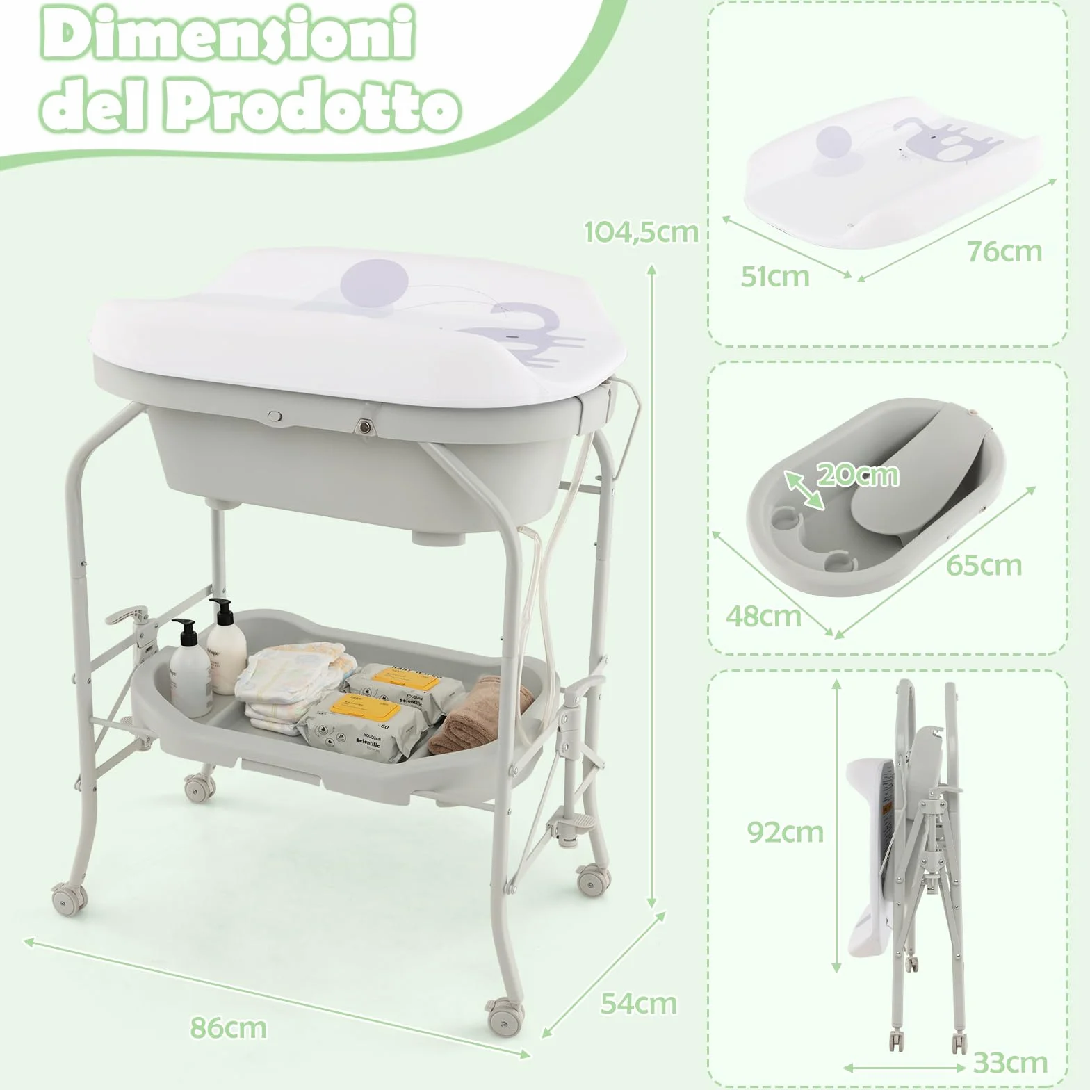 COSTWAY Fasciatoio con Vaschetta Bagnetto 2 in 1, Vasca da Bagno Pieghevole per Bambini, Grigio Chiaro