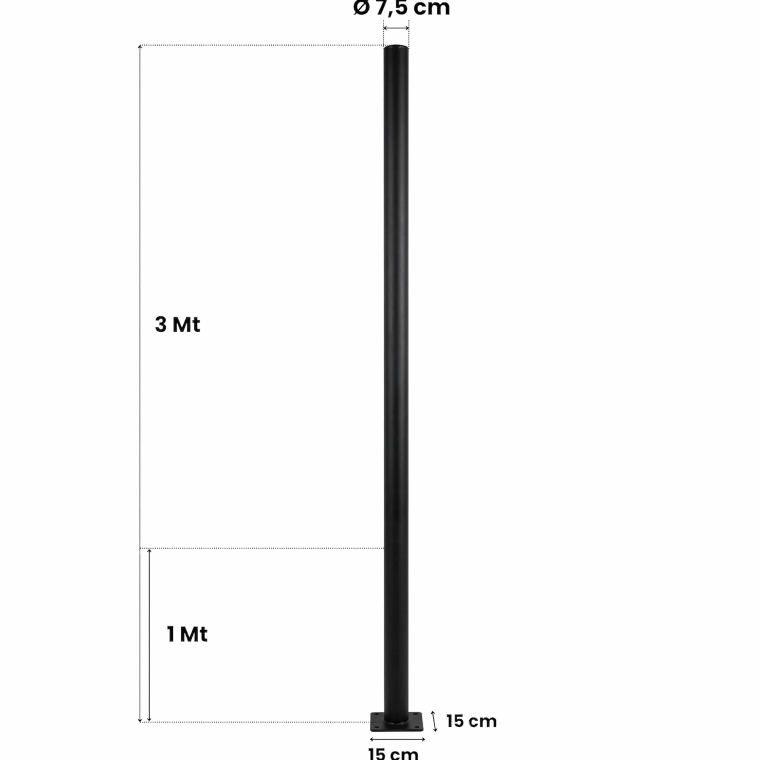YASTA Palo per Lampione Solare 3 Metri, Supporto Nero con Finitura Ruvida con Diametro 7.5cm, Base Rinforzata per Fari LED Esterni, Giardino e Cortile - Design Moderno e Antigraffio