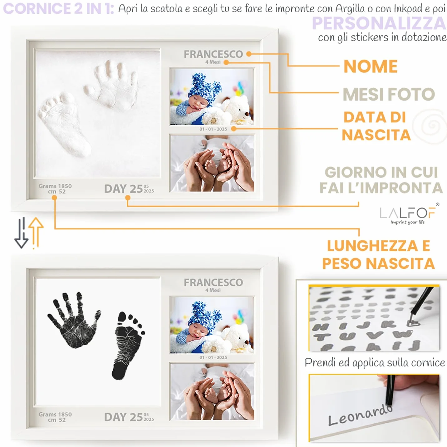 Lalfof® Cornice Impronta Mani e Piedi Neonati 2in1 con Nome, Kit in Argilla e Inkpad, Idea Regalo per Neonato