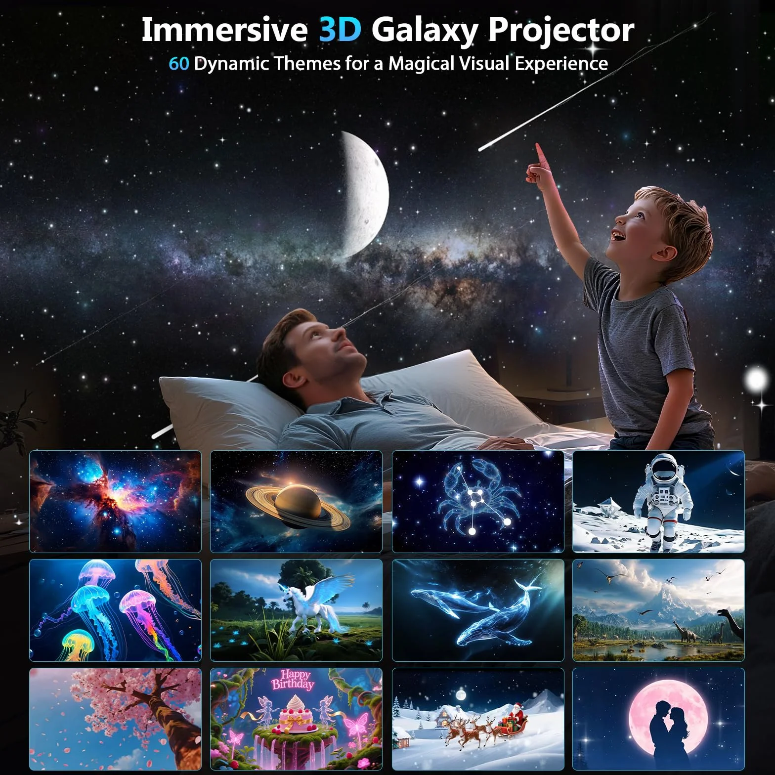 Proiettore Stelle Soffitto 3D Galaxy HD, Planetario Proiettore Professionale con Altoparlante Bluetooth, 60 Temi, Lampada Aurora Boreale per Camera Bambini e Adulti Regalo (Blanc)