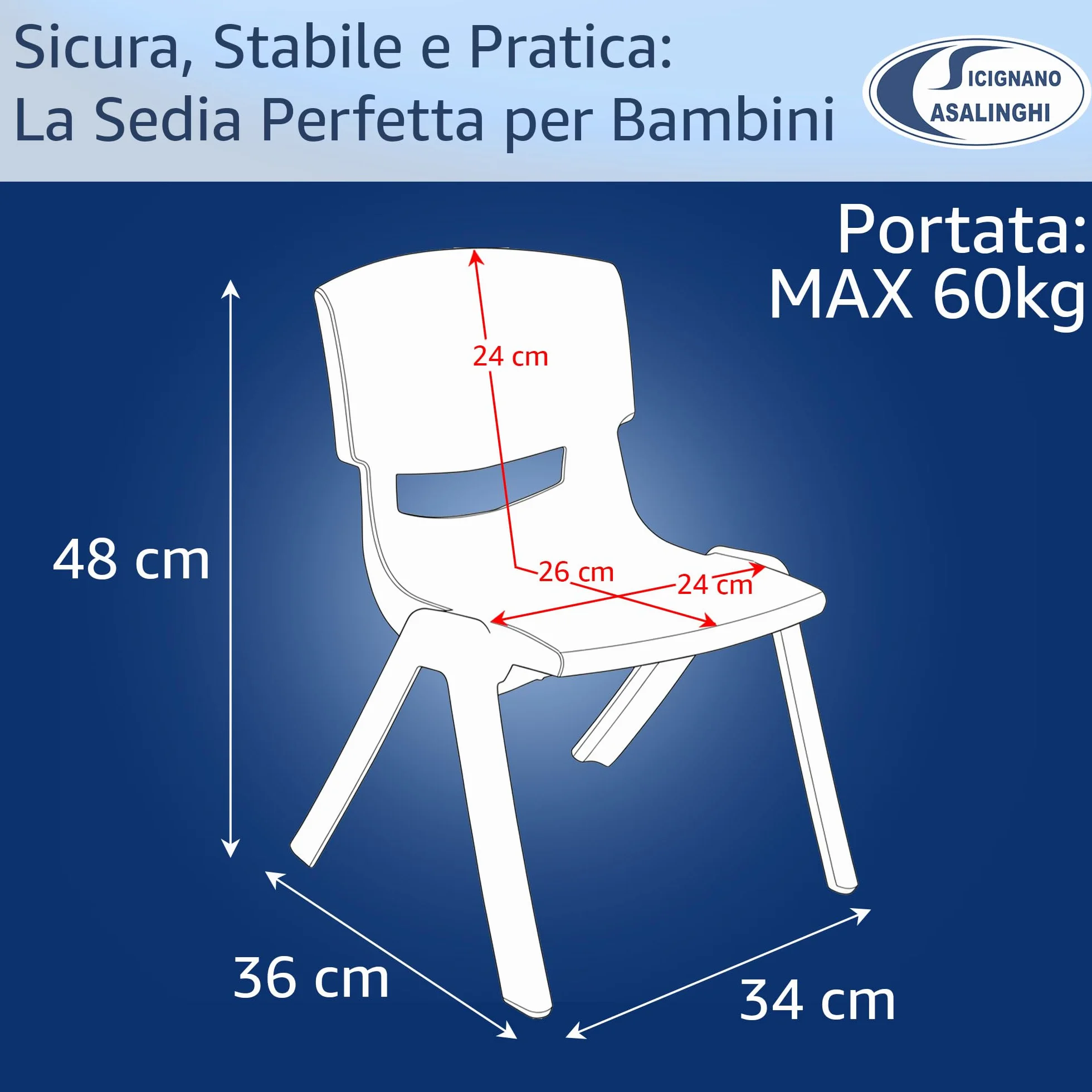 Sicignano Set 3 Pezzi Sedia per Bambini in Plastica Azzurro Impilabile 34x32x48h cm Portata 60 kg Impermeabile