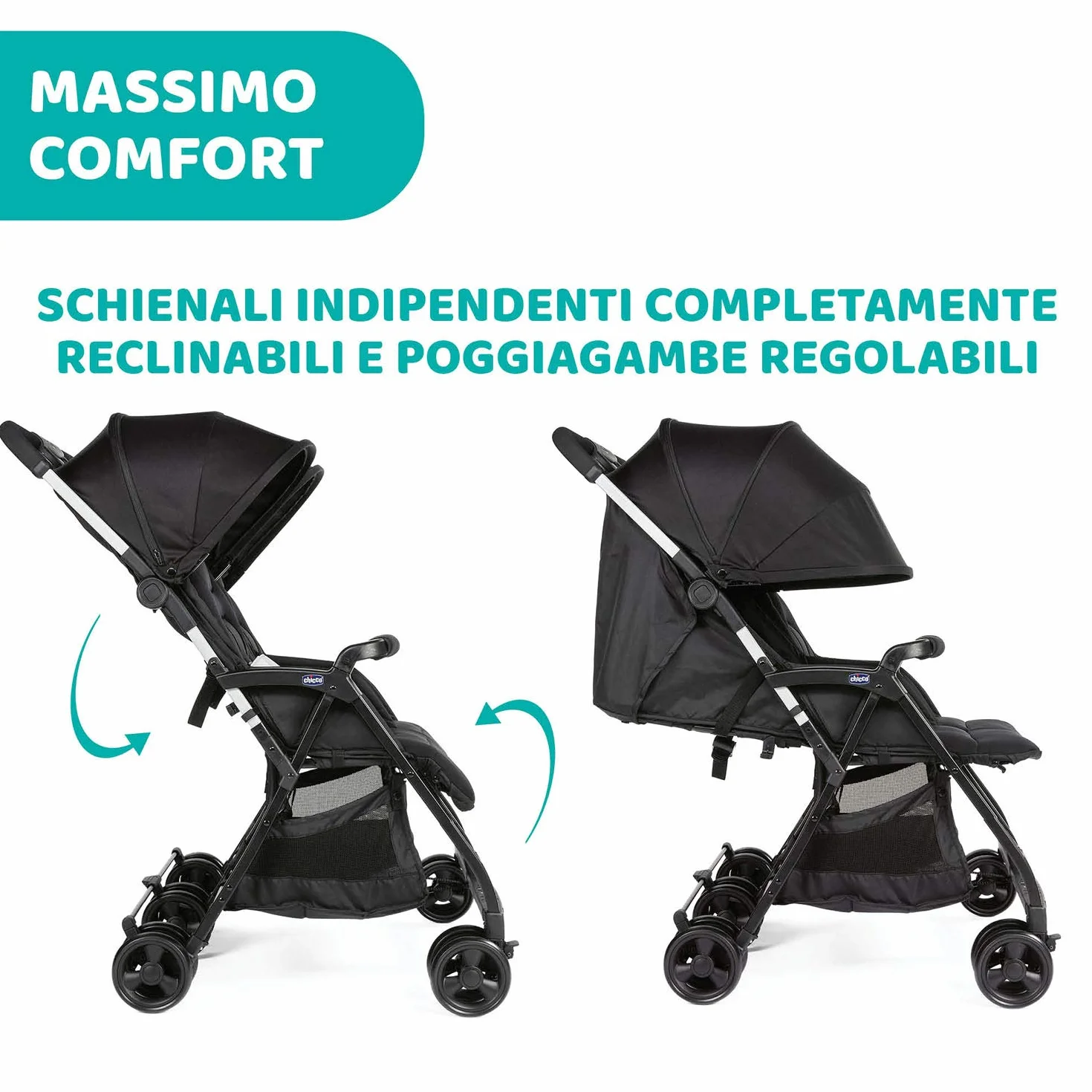 Chicco OHlalà Twin Passeggino Gemellare Doppio Leggero Reclinabile Pieghevole Chiusura Compatta Nero