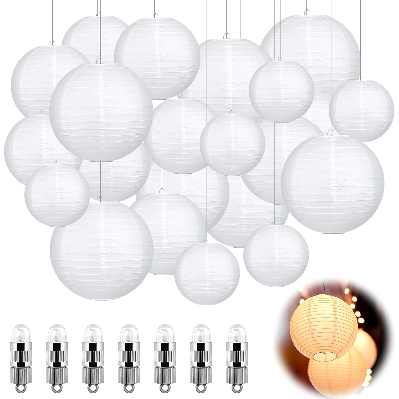 Idota 30 lanterne di carta bianche con luci a LED, lanterne di carta sospese, con 30 mini palloncini a LED, rotonde, per decorazione di matrimoni, feste in giardino (diametro 15 cm, 20 cm, 25 cm, 30