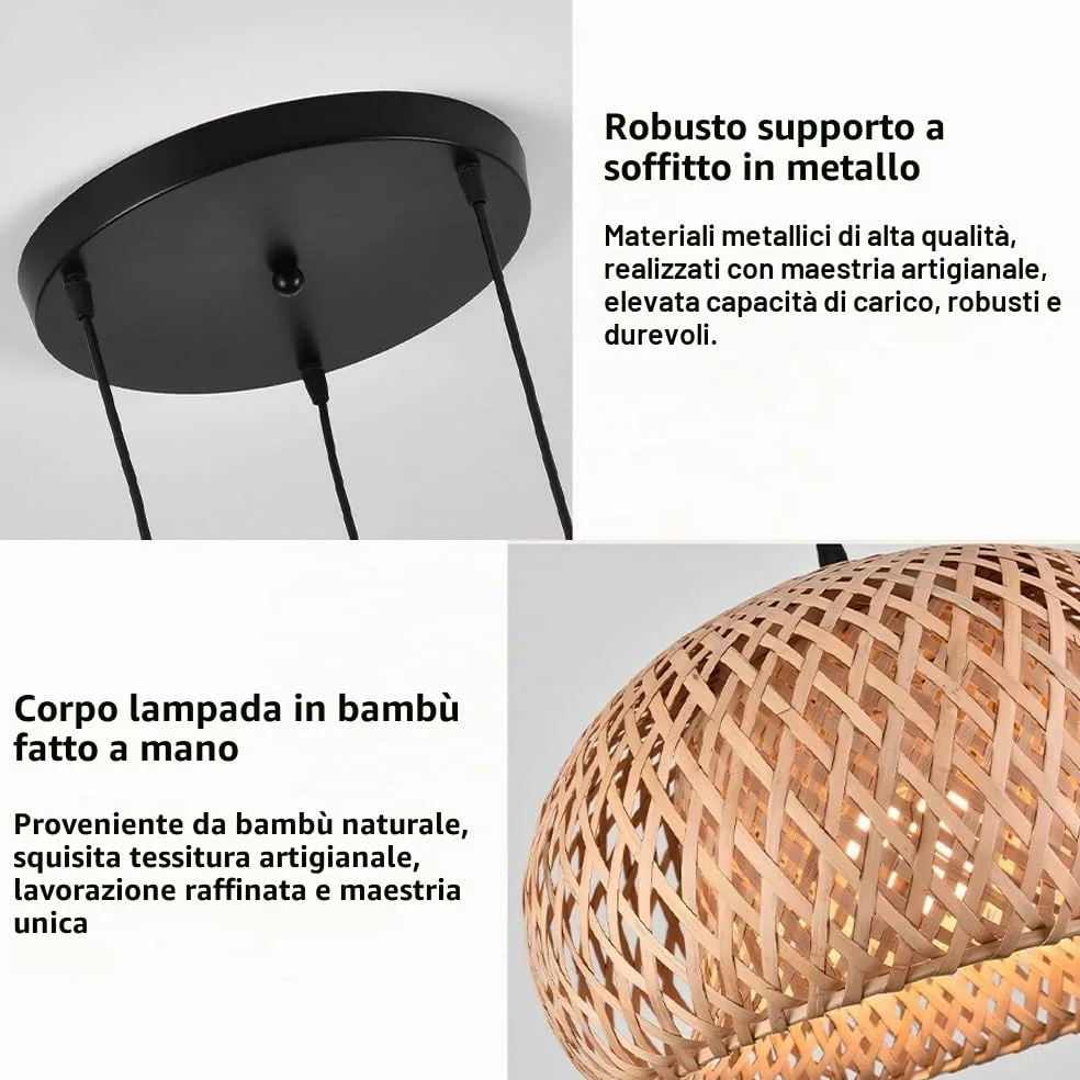 JOJOM Retro Bamboo Pendant Light E27 Lanterna di bambù naturale Rattan intrecciato a mano Tre pezzi Altezza regolabile Luce appesa Lampadario a soffitto per sala da pranzo Camera da letto Bar Illumina