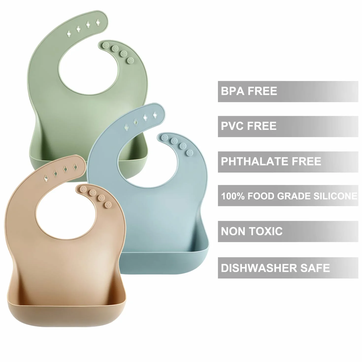 PandaEar 3 Pezzi Bavaglini in Silicone per Neonato e Bambini Piccoli, Impermeabili, Morbidi, Unisex (marrone/blu/verde)
