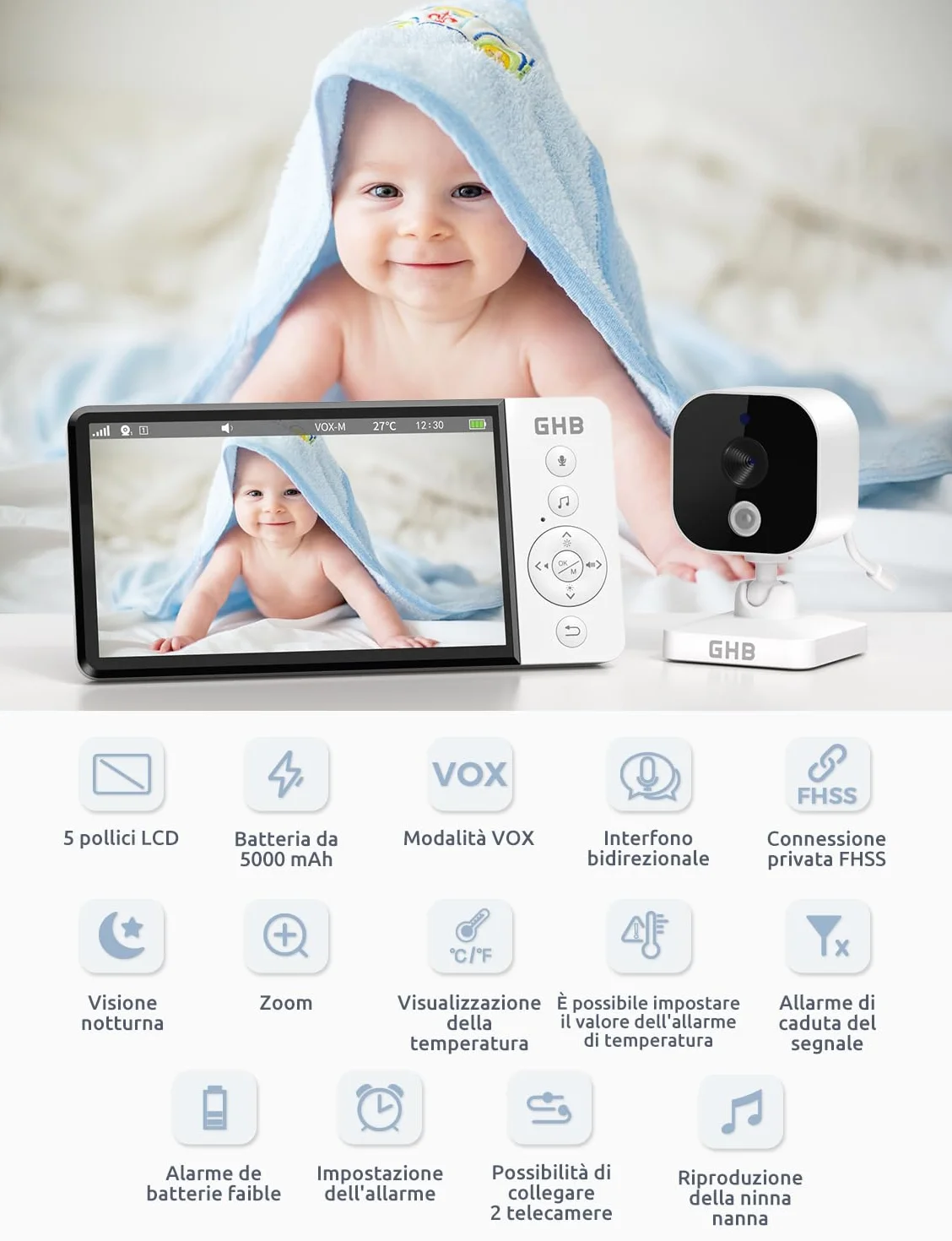 Baby Monitor Video Audio 5" Schermo IPS 5000mAh Visione Notturna Sensore Temperatura VOX Ninnananna