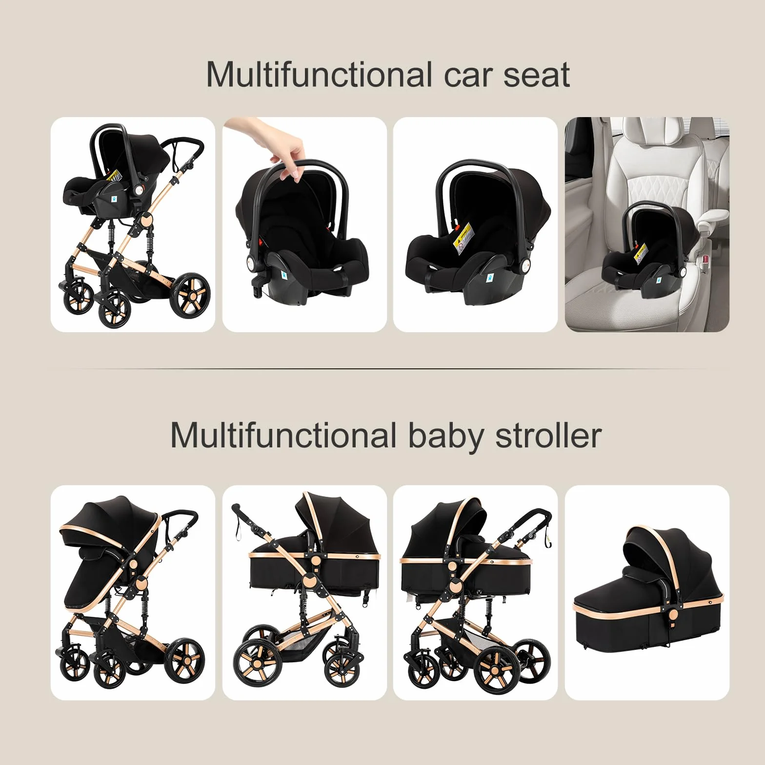 Passeggino Trio 3 in 1 Pieghevole con Telaio Alluminio (588 Black Gold)