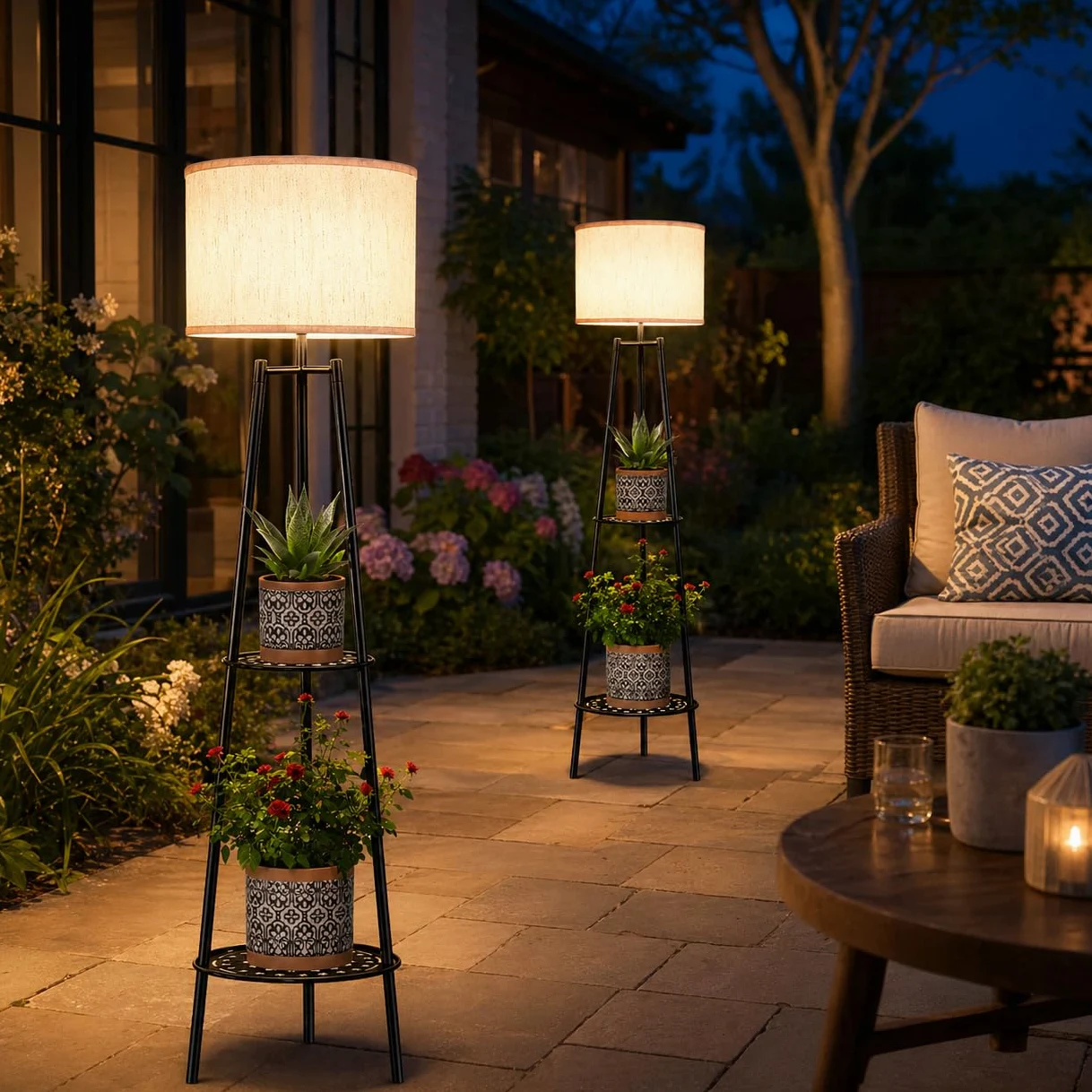 VISFLAIR Confezione da 2 luci solari con supporto per piante a 2 livelli, lampade da terra per esterni, impermeabili, a LED Edison, lampade da terra per patio, portico, terrazza, cortile, decorazione