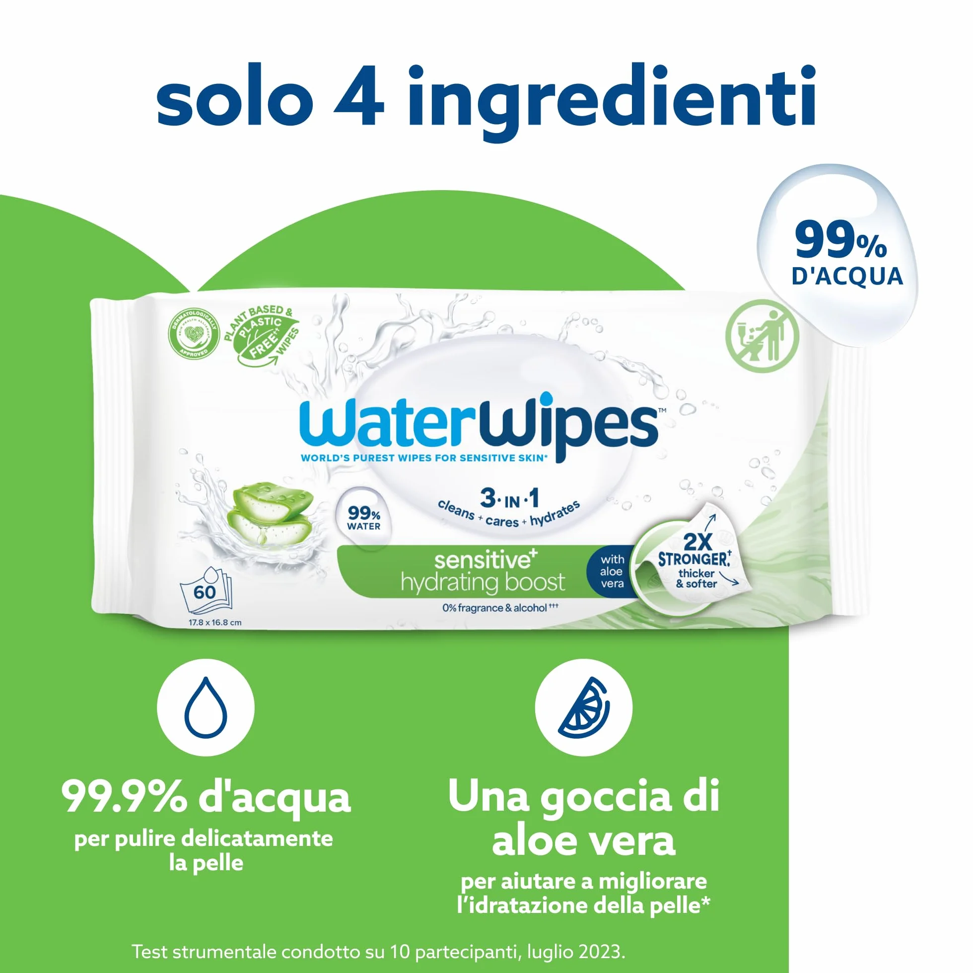 WaterWipes Salviettine Idratanti Sensitive+ Hydrating Boost Wipes 360 Pezzi 6 Confezioni 99% Acqua Aloe Vera