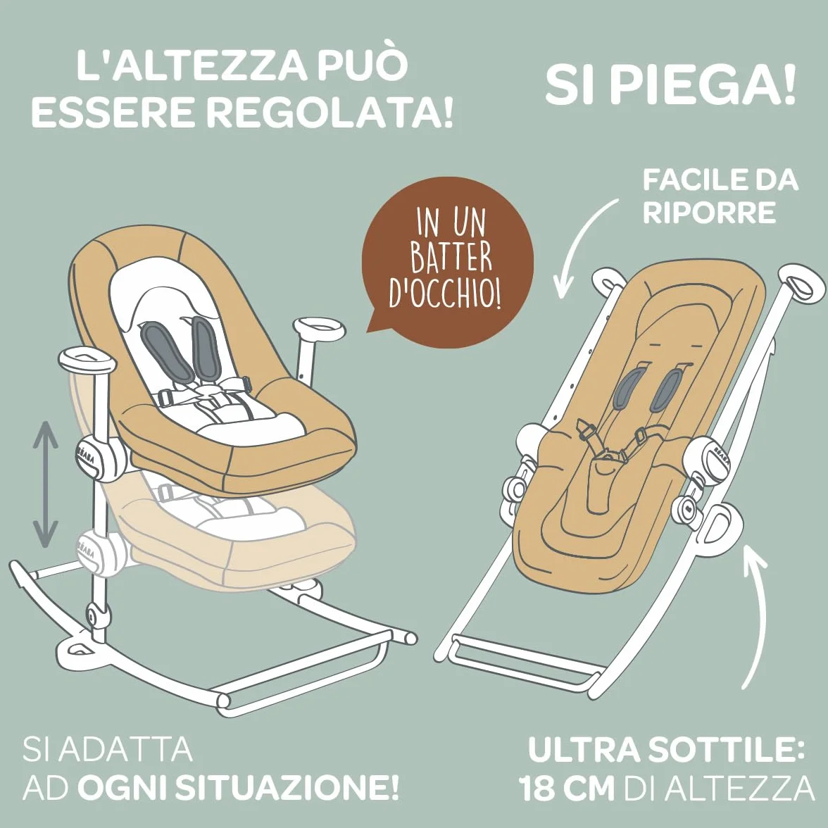 BÉABA Sdraietta Up&Down Plus 4 altezze 3 reclinabilità Pieghevole 100% cotone Ocra
