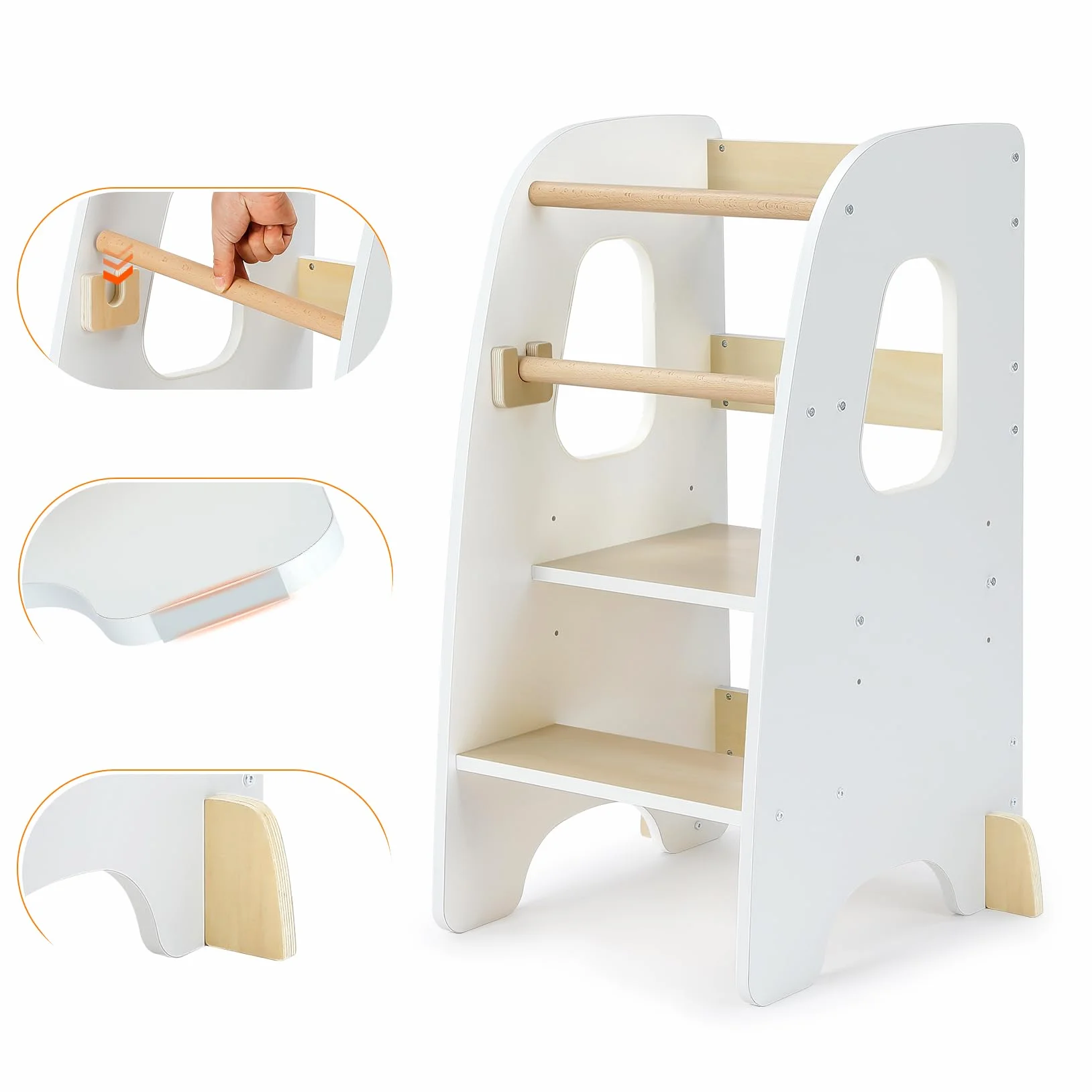 Torre Montessoriana Learning Tower Sicura Altezze Regolabili Doppia Barra Protezione Antiscivolo Anti-Ribaltamento Bianco