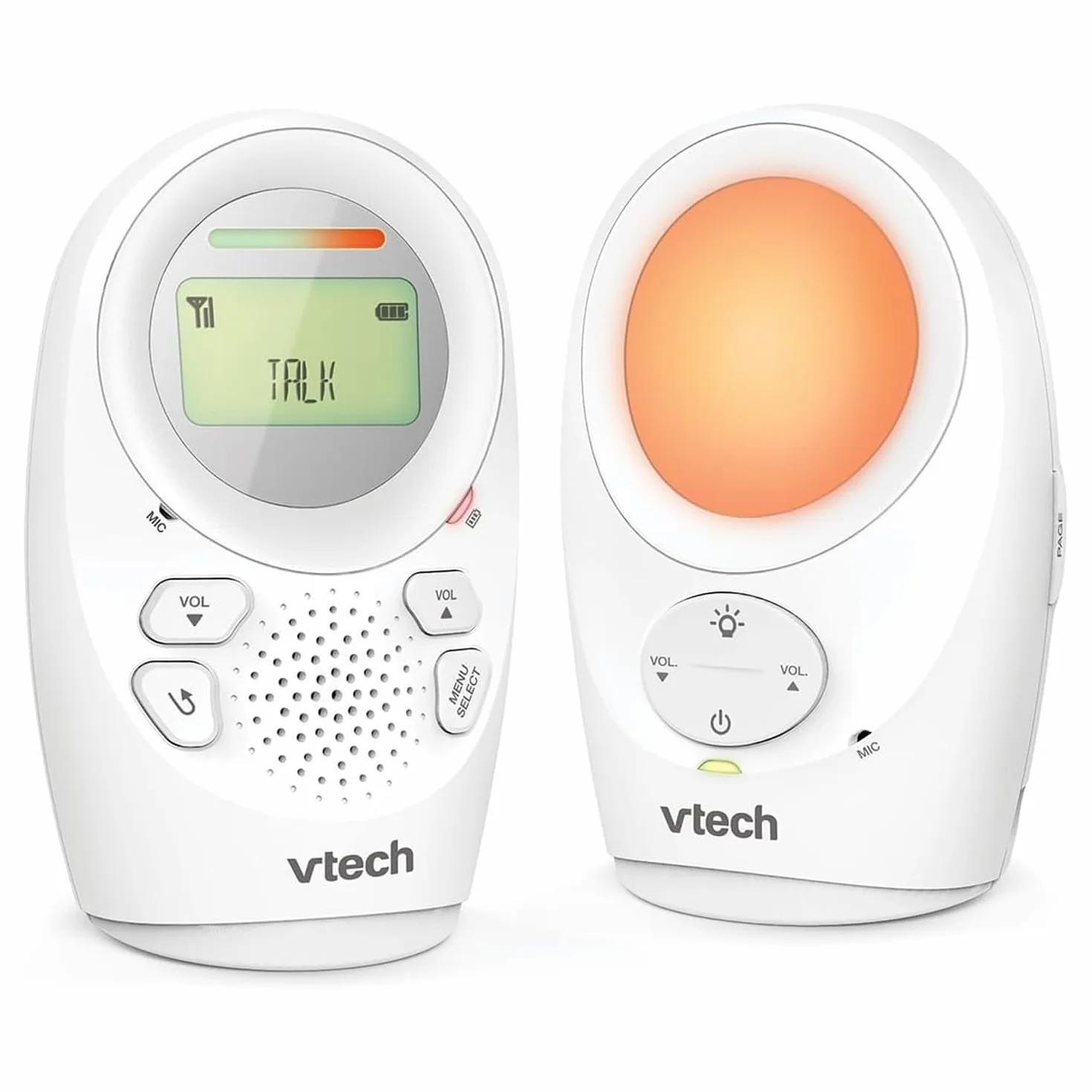 VTech BM1211 Monitor Audio per Bambini, trasmissione sonora chiara, lunga portata, controllo volume 5 livelli, luce notturna, funzione parlare, clip cintura
