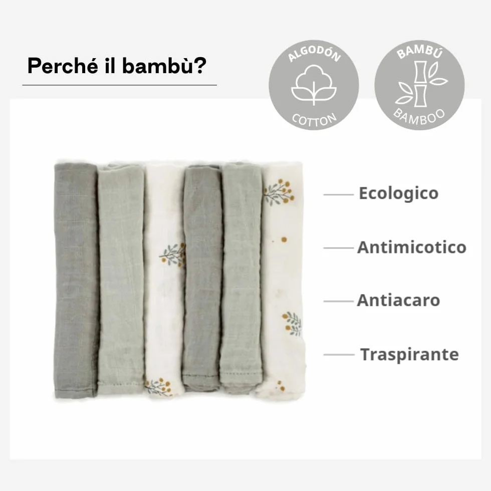 Jané Set 6 Mussole Neonato 35x35 cm Cotone e Bambù Naturale Verde