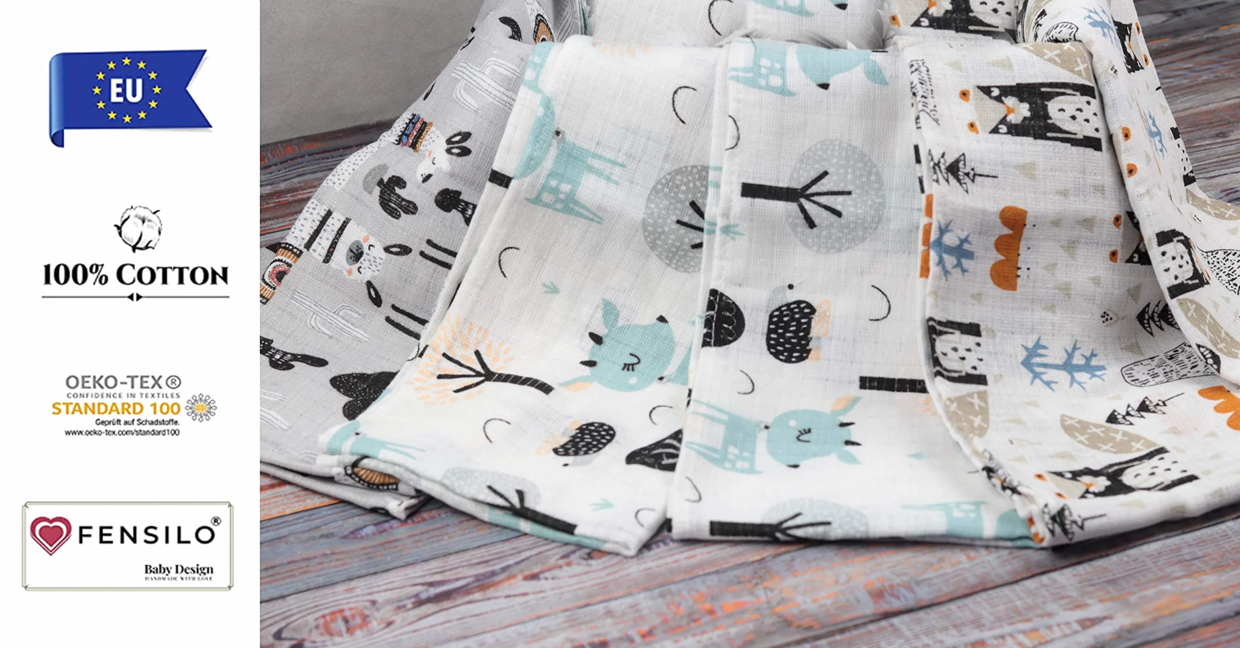 Neonato Mussola Pacco da 6 70x80cm Grigio Animali Bimbo e Bimba OEKO-TEX STANDARD 100
