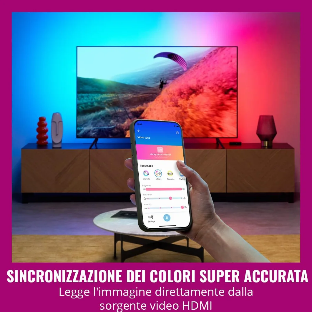 WiZ HDMI Sync Box con retroilluminazione TV, sincronizza la luce con film, giochi e musica, HDMI 2.0, Striscia LED RGBIC per TV da 75-85 pollici, controllo con App, compatibile con Google e Alexa