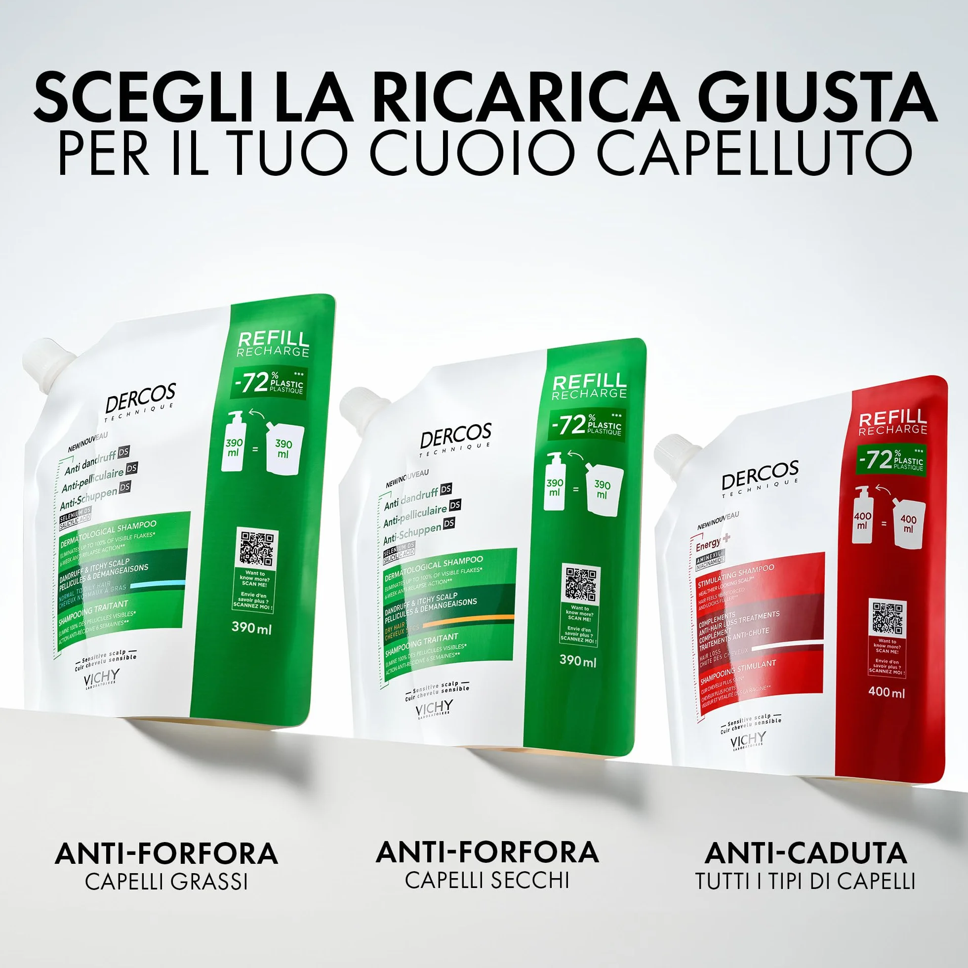 Vichy Dercos Eco-Ricarica Shampoo Anti-Forfora DS per Capelli Secchi, 390 ml