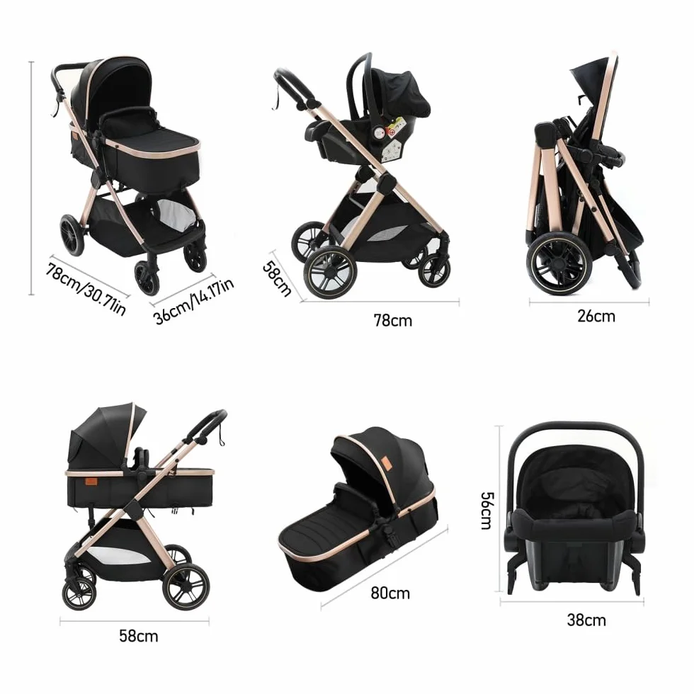 Passeggino 3 in 1 Leggero 0-36 Mesi Nero & Oro Pieghevole Manico in Pelle PU con Zanzariera e Parapioggia