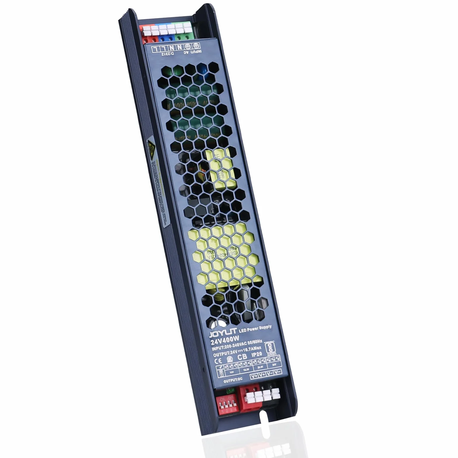 JOYLIT Alimentatore 24V 400W Professionale, 200V-240V AC a DC 24 Volt 16.7A Trasformaore Ultra Sottile e Nessun Rumore Senza Sfarfallio LED Driver per Striscia LED (16V/18.5V/20.5V/24V Regolabile)
