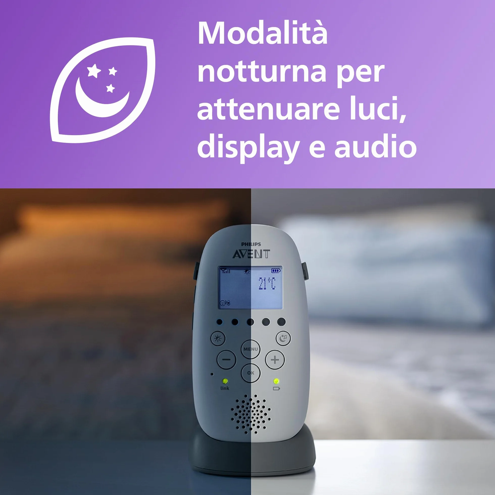 Philips Avent DECT Audio Baby Monitor SCD733/26 con luce notturna e proiettore stelline, portata 330 m, autonomia 24 ore