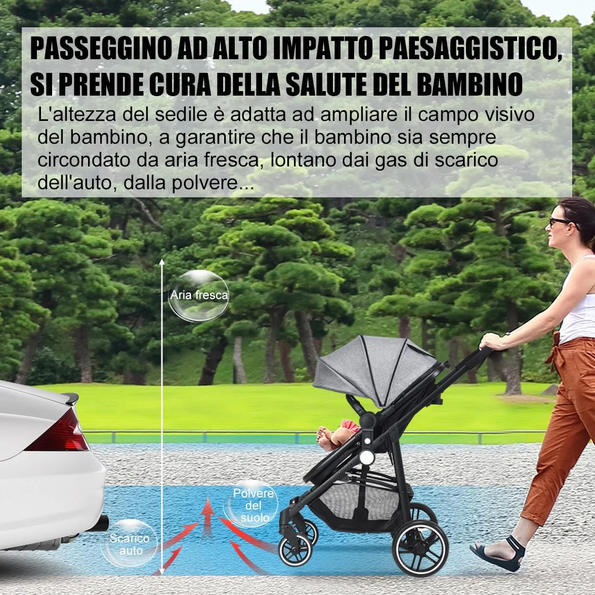 RELAX4LIFE Passeggino Pieghevole Convertibile con Seduta Reversibile, Capottina Regolabile, Cintura 5 Punti (Grigio)
