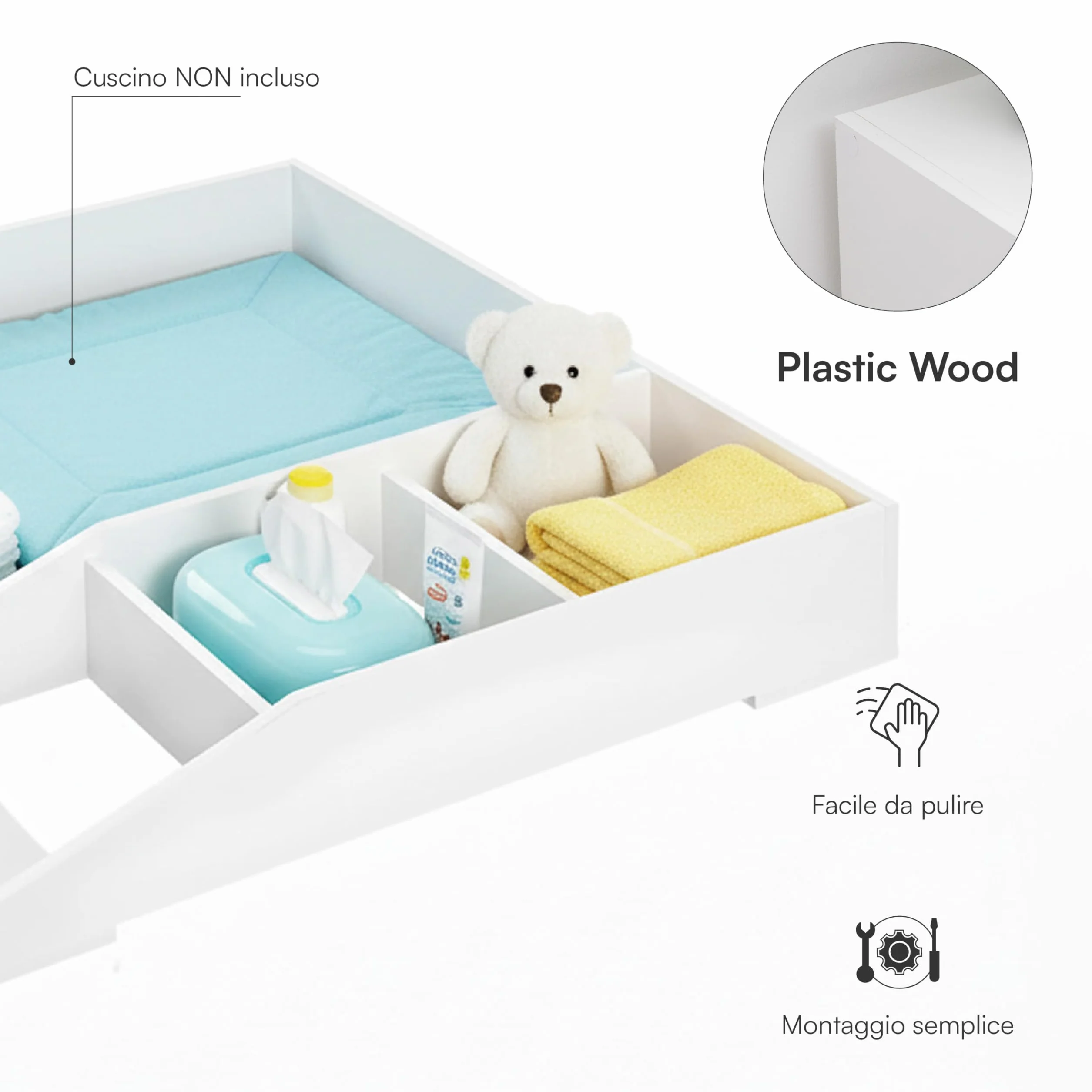Baroni Home Fasciatoio da Appoggio Bianco, Mobile Cambio Neonato 4 Scomparti, Plastic Wood, 80x74,5x126 cm