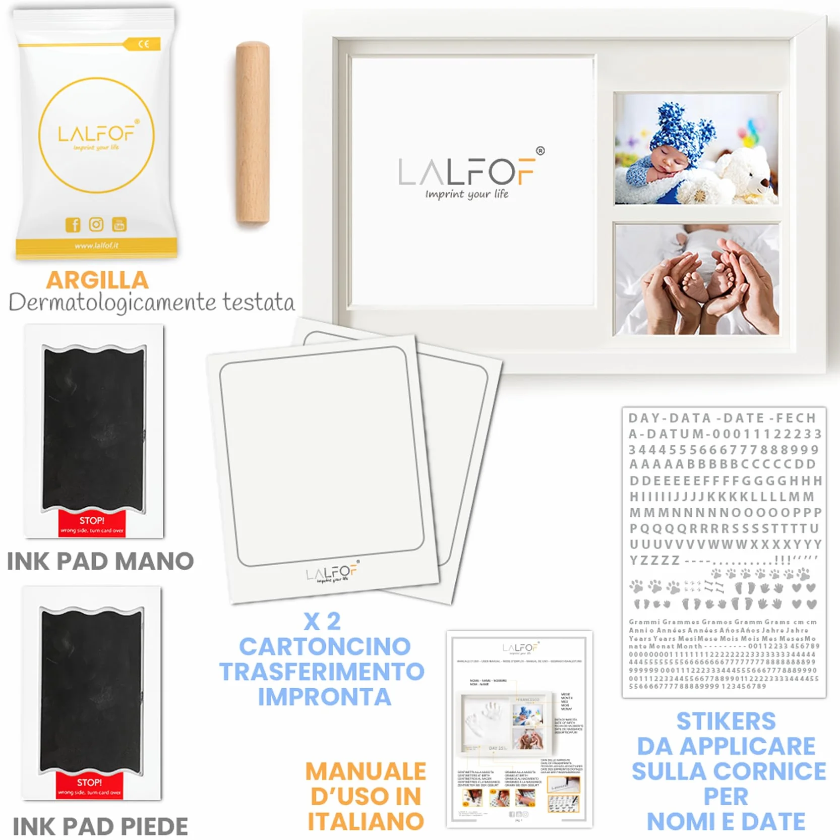 Lalfof® Cornice Impronta Mani e Piedi Neonati 2in1 con Nome, Kit in Argilla e Inkpad, Idea Regalo per Neonato