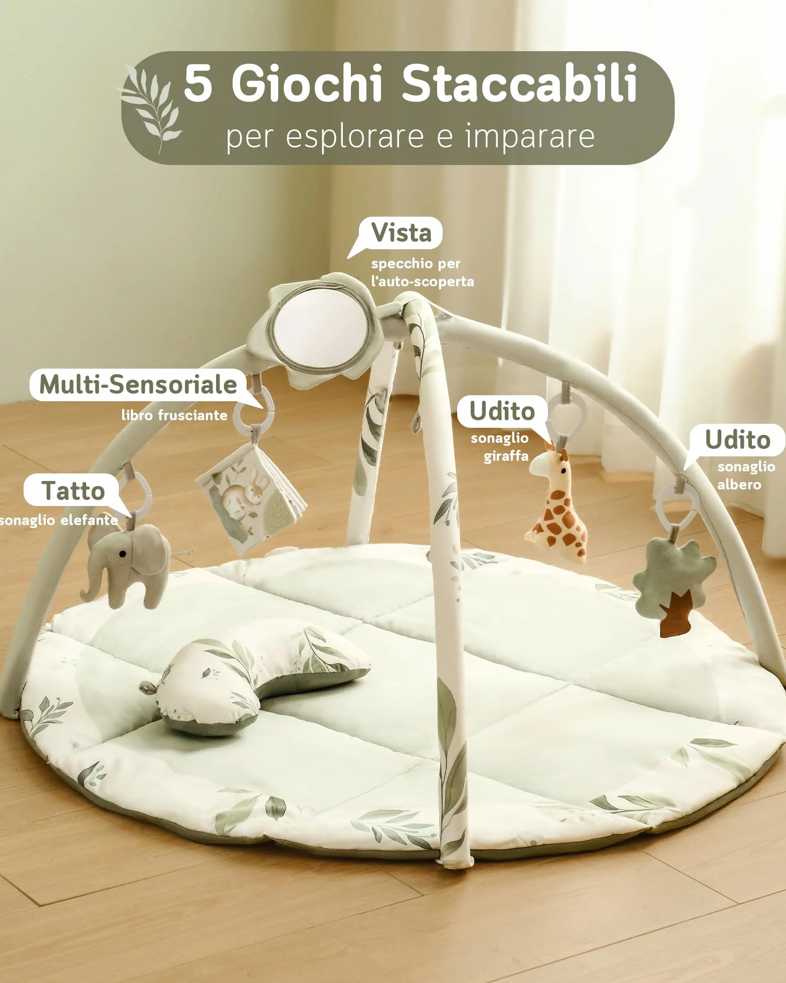 Fortella Palestrina Neonato Evolutiva Tappetino Gioco Attività 5 Giocattoli Sensoriali Specchio Cuscino 0-12 Mesi Verde