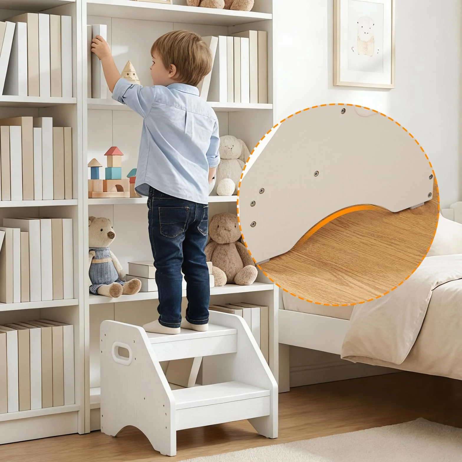 HOOBRO Scaletta a 2 Gradini Bambini in Legno, Sgabello con Maniglie Antiscivolo, Portata 30 kg, Bianco