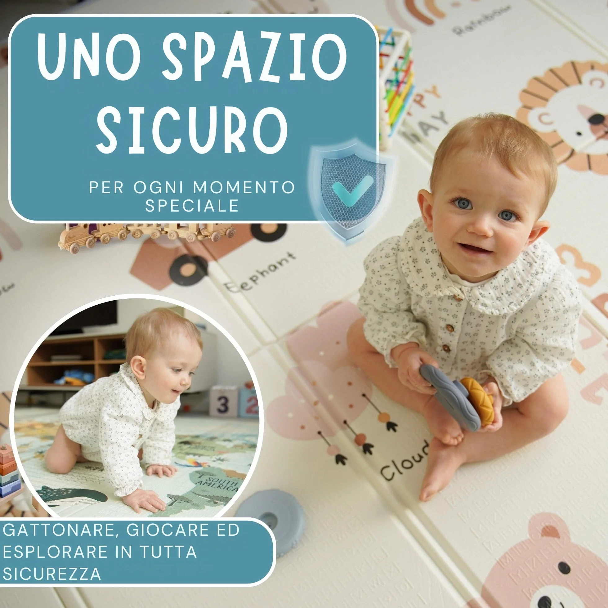 Tappeto Gioco Bambini 200x180 cm Pieghevole Reversible Impermeabile con Bordi Cuciti