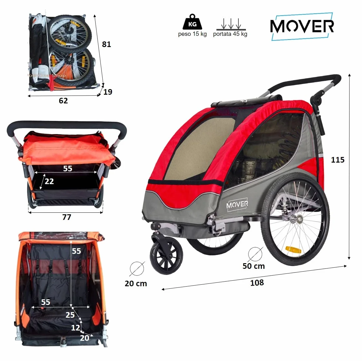 Rimorchio Multifunzionale Passeggino per 1 o 2 Bambini Trasporto Sicuro Escursioni Avventure all'Aperto (Red)