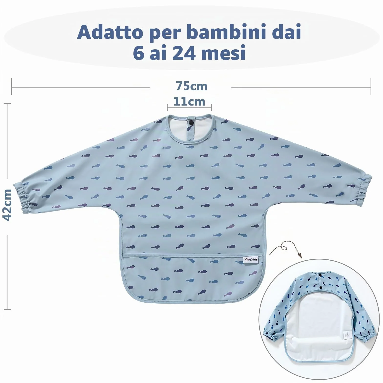 Bavaglino Anti-Mess a Manica Lunga Impermeabile Lavabile in Lavatrice per Svezzamento Bambino 6-24 Mesi