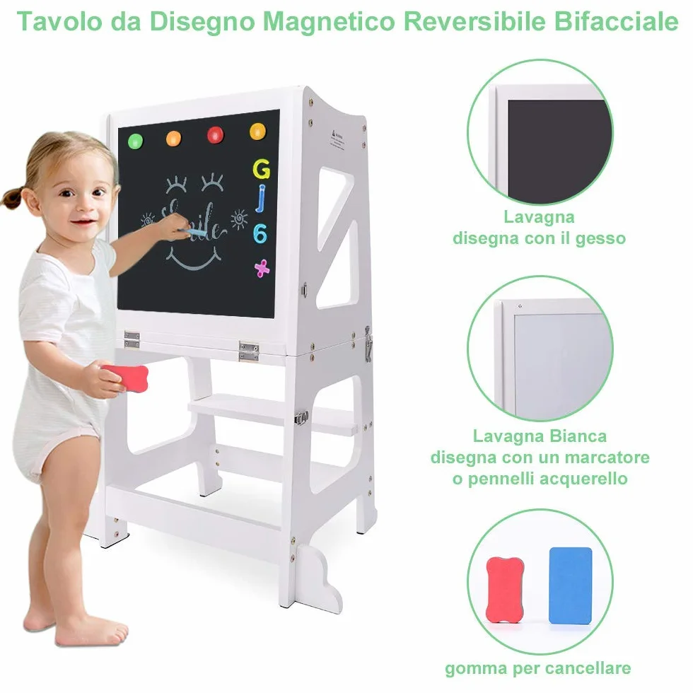 YOLEO Torre Montessoriana Bambini 3 in 1 Pieghevole Multifunzionale Learning Tower con Lavagna Magnetica Bifacciale Bianco