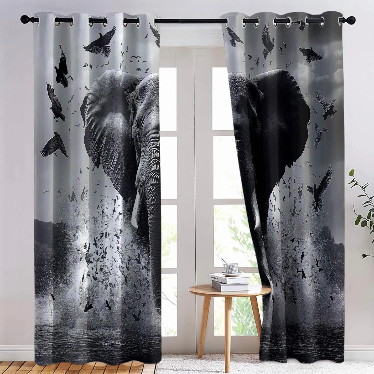 Zasłony Termiczne 140x260 cm Set 2 – Antirumore, Anti-Luce, Elefanti Uccelli, Szary