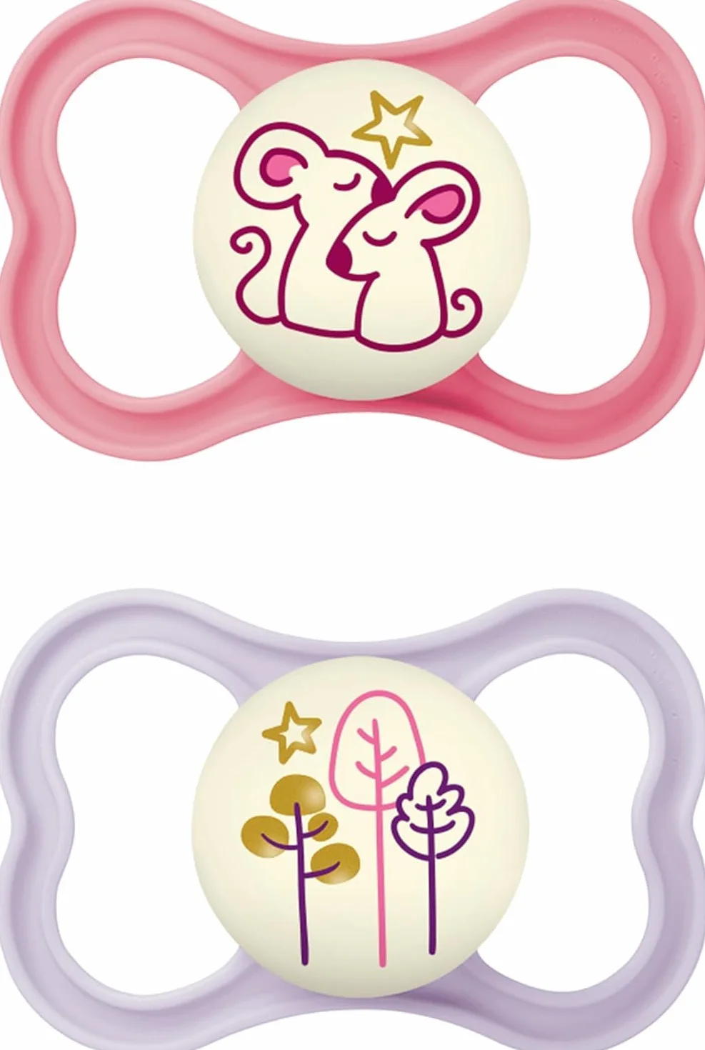 MAM Ciuccio 16-36 Mesi Set da 2, Illumina al Buio, Tettarella Silicone, Porta Ciuccio, Rosa/Lilla